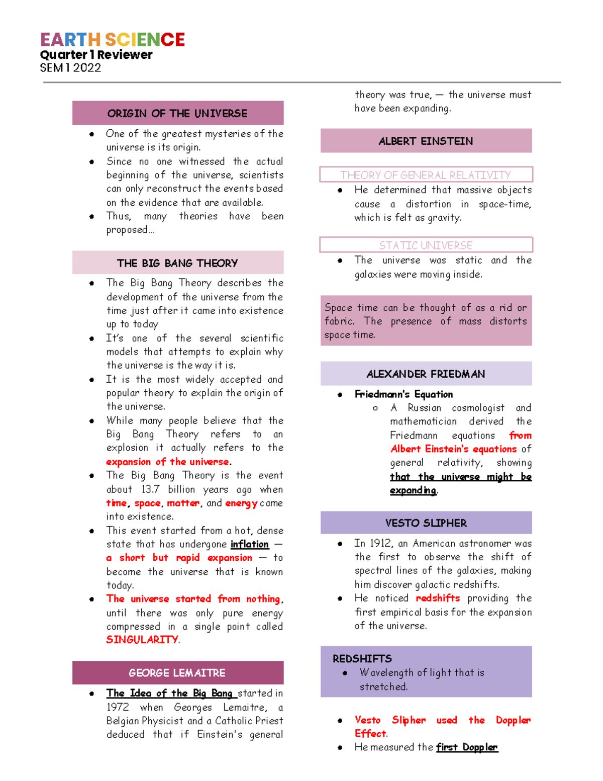 Earth Sci Q1 reviewer - Quarter 1 Reviewer SEM 1 2022 ORIGIN OF THE ...