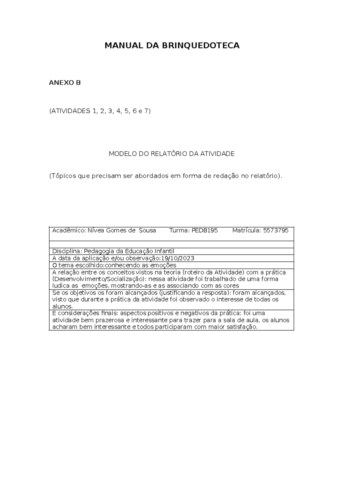 Modelo DO Relatório DA Brinquedoteca 2023 - MANUAL DA BRINQUEDOTECA ...