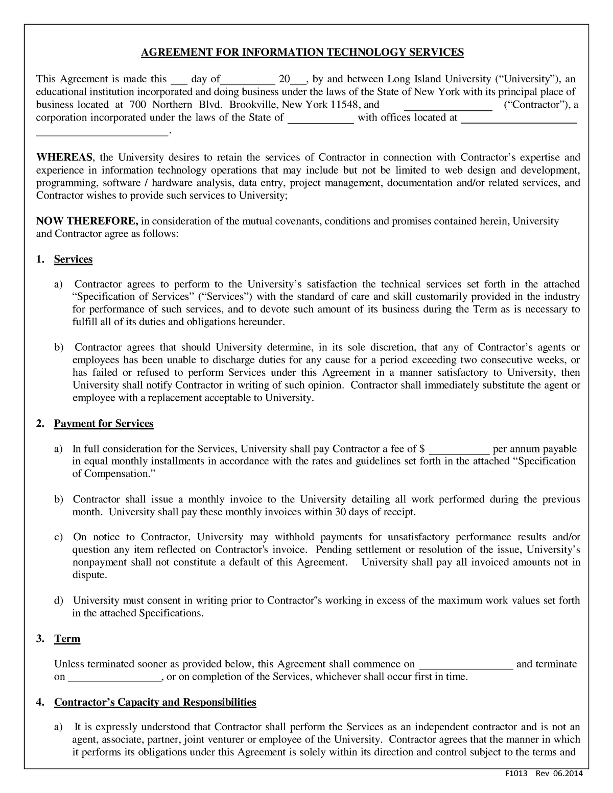 IT agreement Format - AGREEMENT FOR INFORMATION TECHNOLOGY SERVICES ...