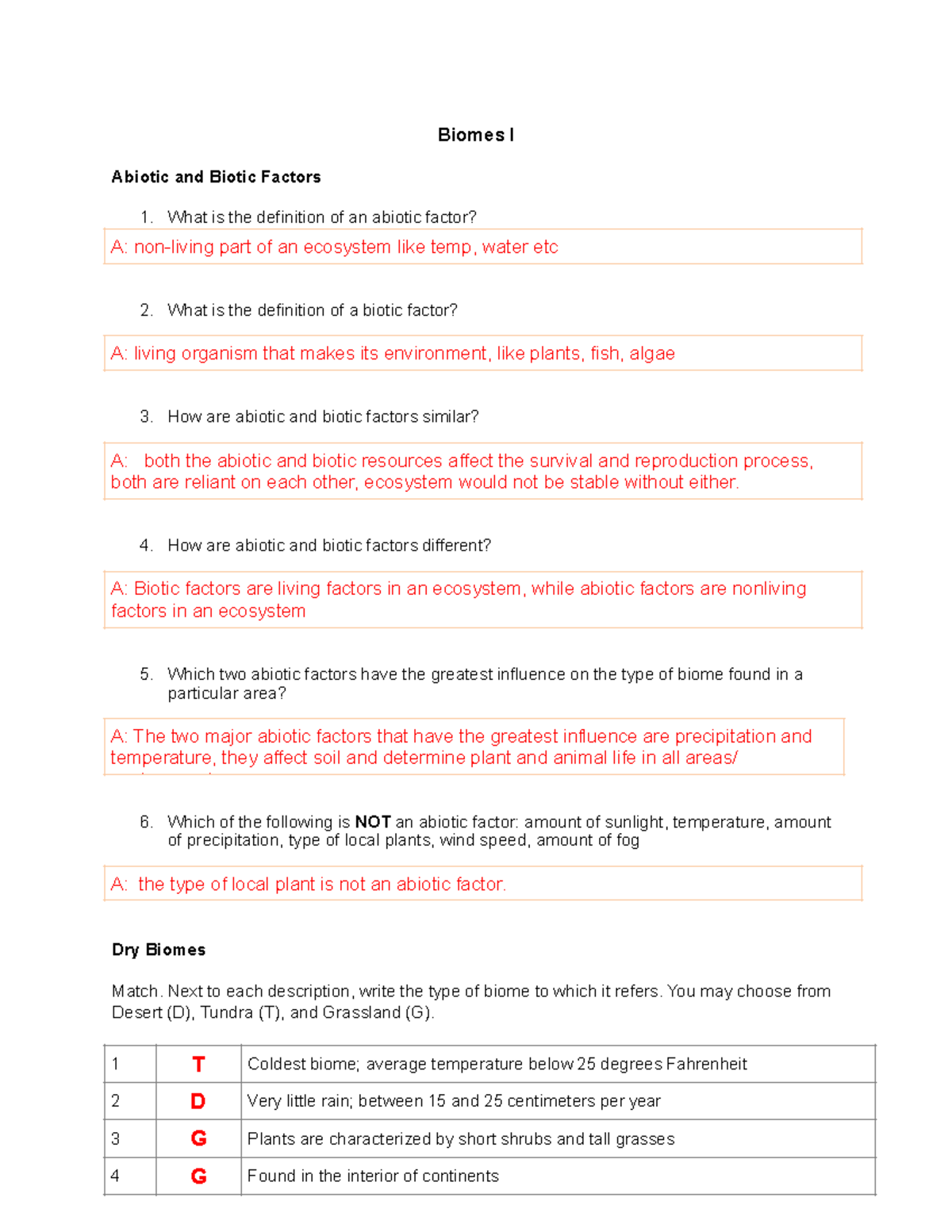 Biomes Activity CL - Biomes I Abiotic and Biotic Factors 1. What is the ...