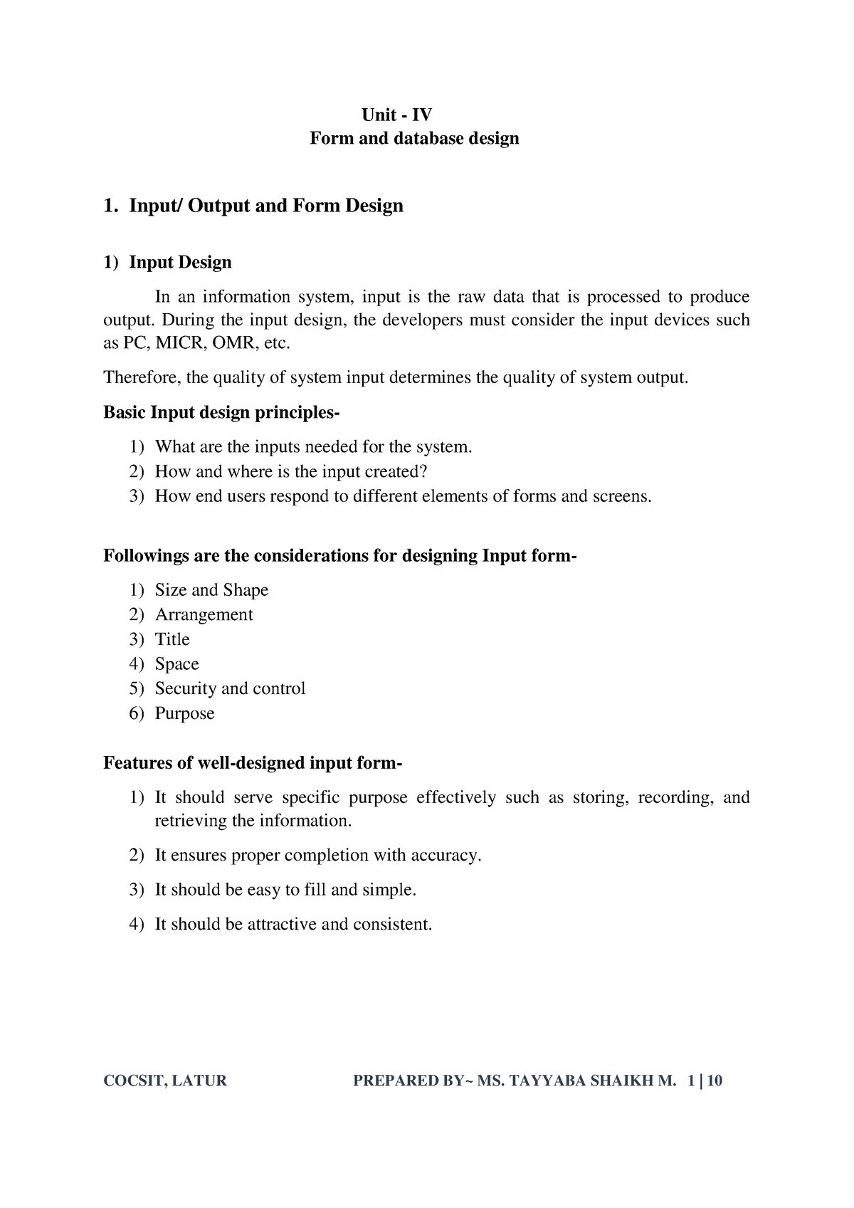 System analysis and design - Unit - IV Form and database design 1 ...