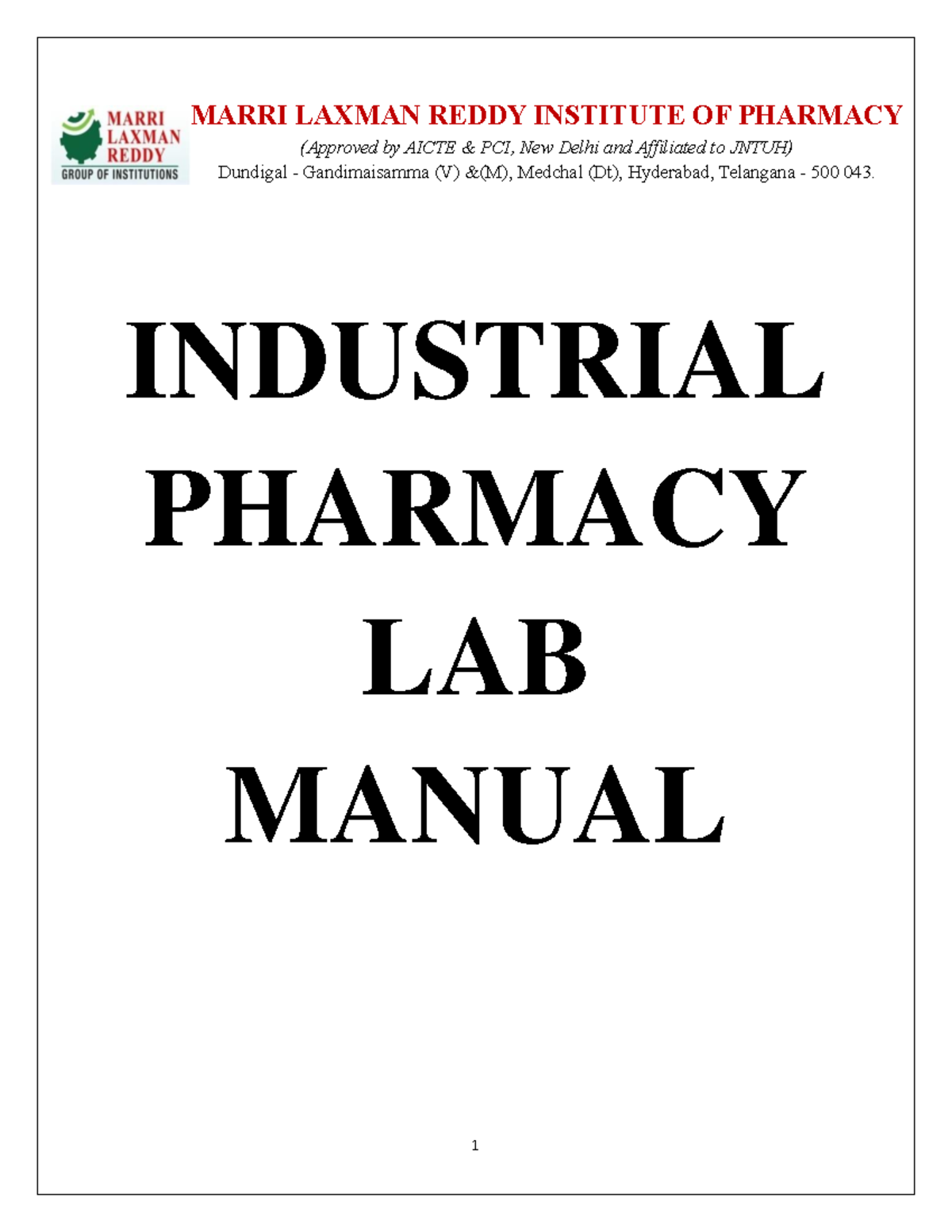 Industrial Pharmacy LAB Manual - INDUSTRIAL PHARMACY LAB MANUAL MARRI ...