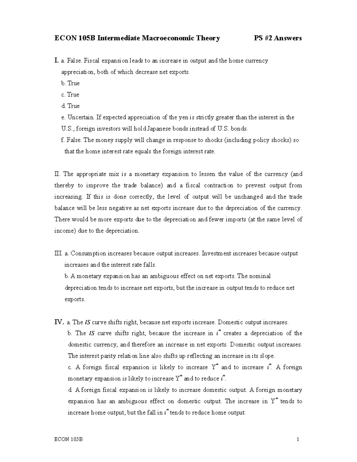 Problem Set 2 Solutions - ECON 105B Intermediate Macroeconomic Theory ...