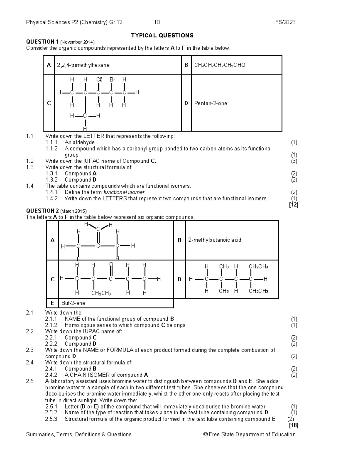 Fs organic chemistry questions 2023 typical questions question 1
