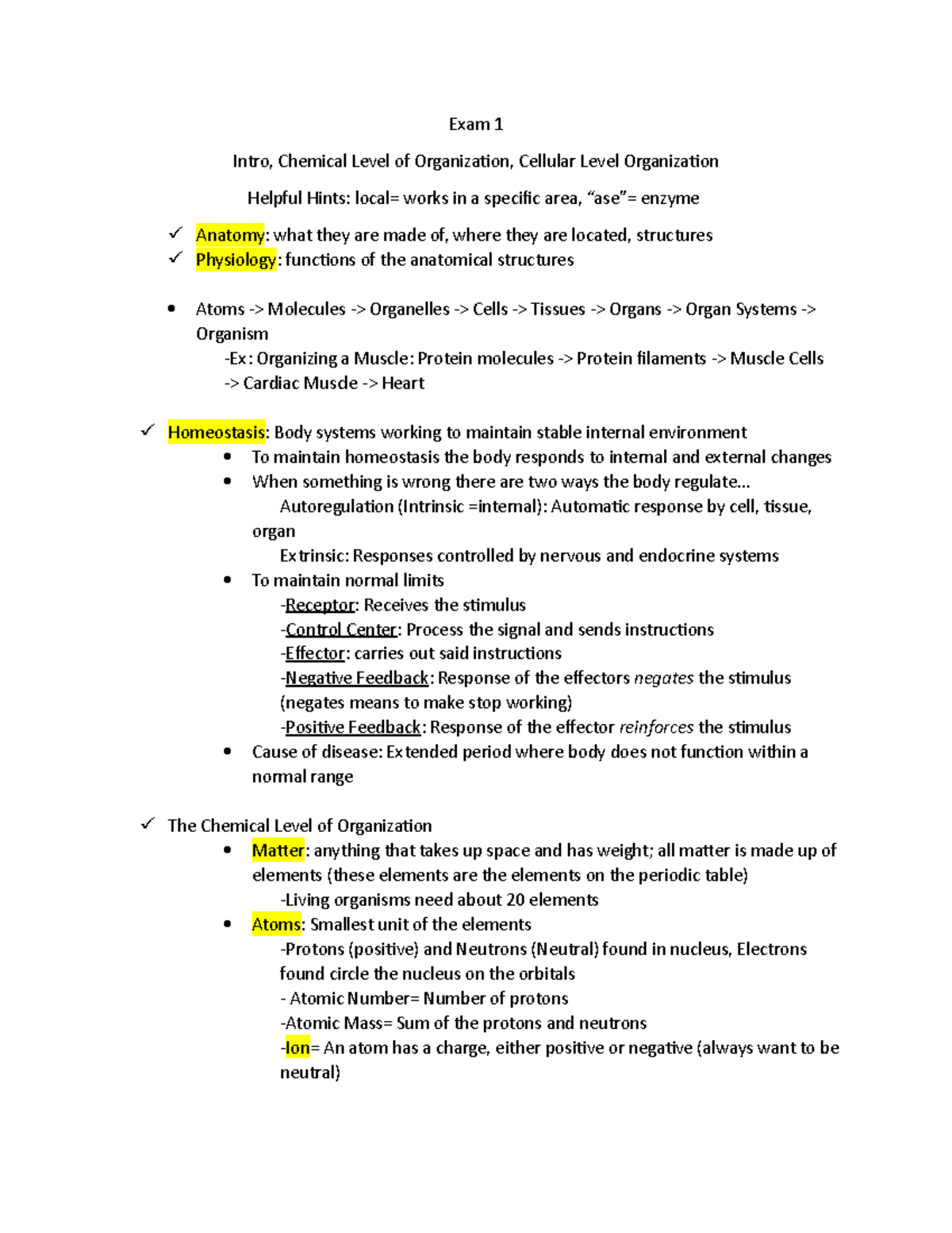 Exam 1 - Lecture notes 1 through exam 1 - Exam 1 Intro, Chemical Level ...