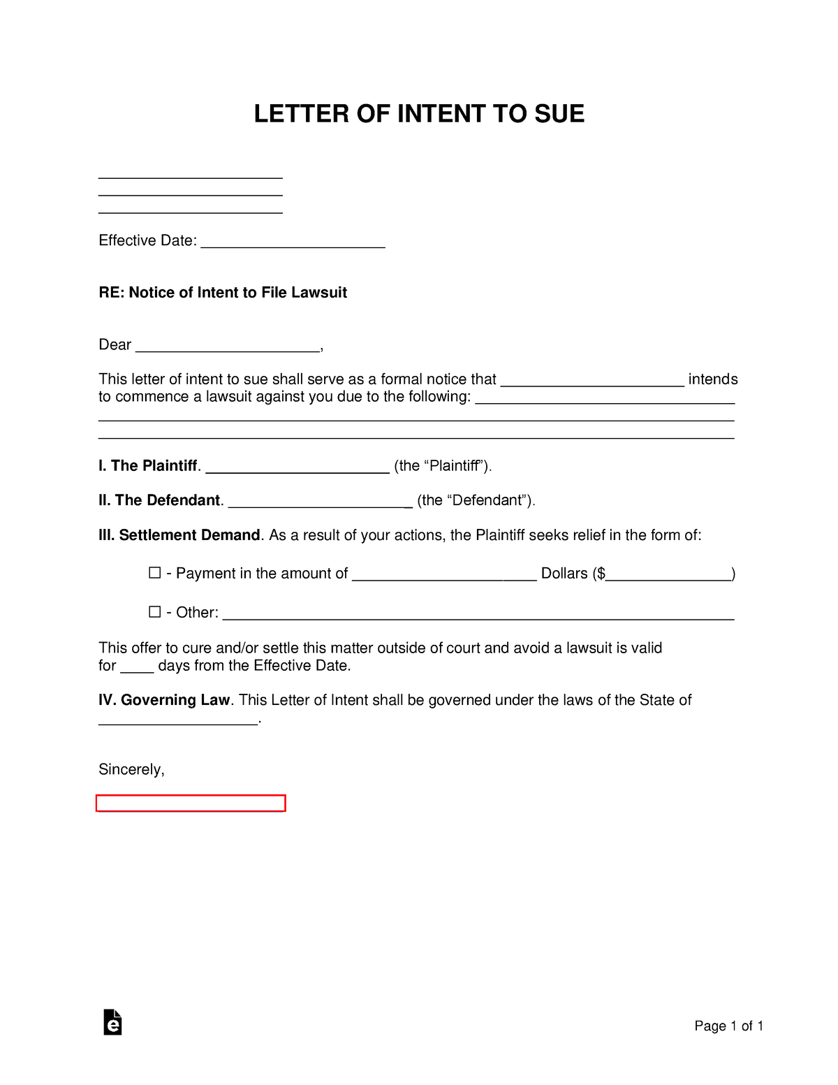 Letter of Intent to Sue - thanx - Page 1 of 1 LETTER OF INTENT TO SUE