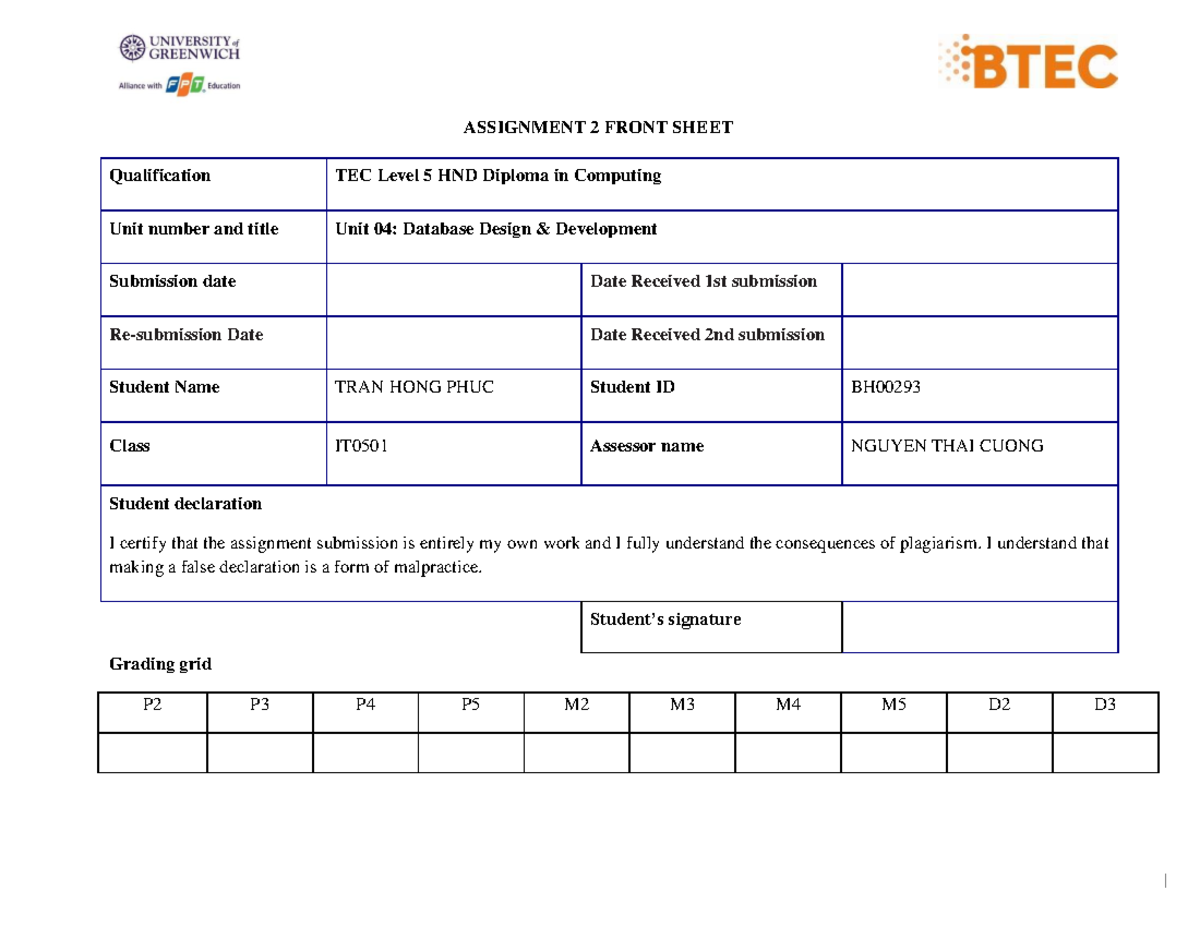 ASM 2 DDD TRAN HONG PHUC - ưqss - ASSIGNMENT 2 FRONT SHEET ...