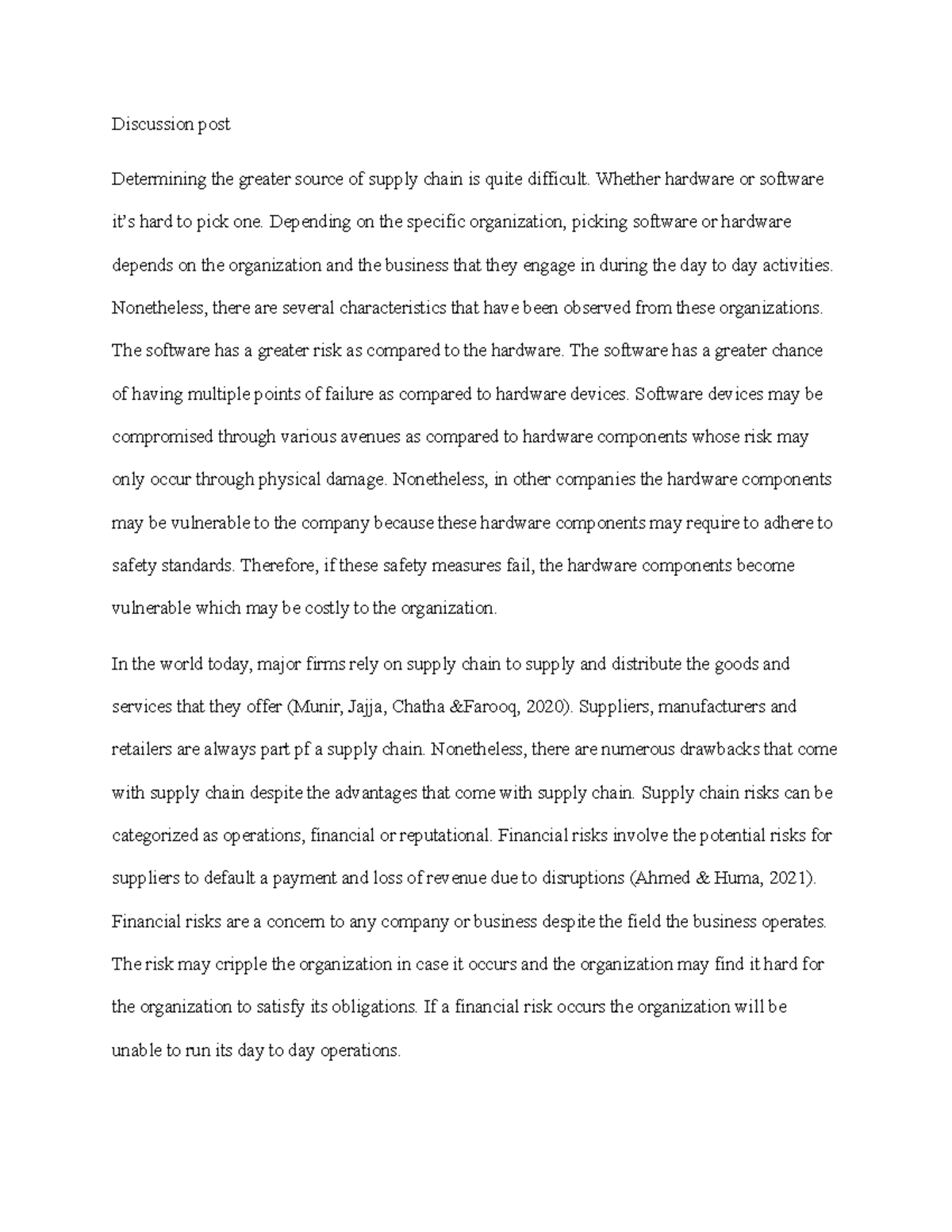 Discussion post on supply chain Discussion post Determining the