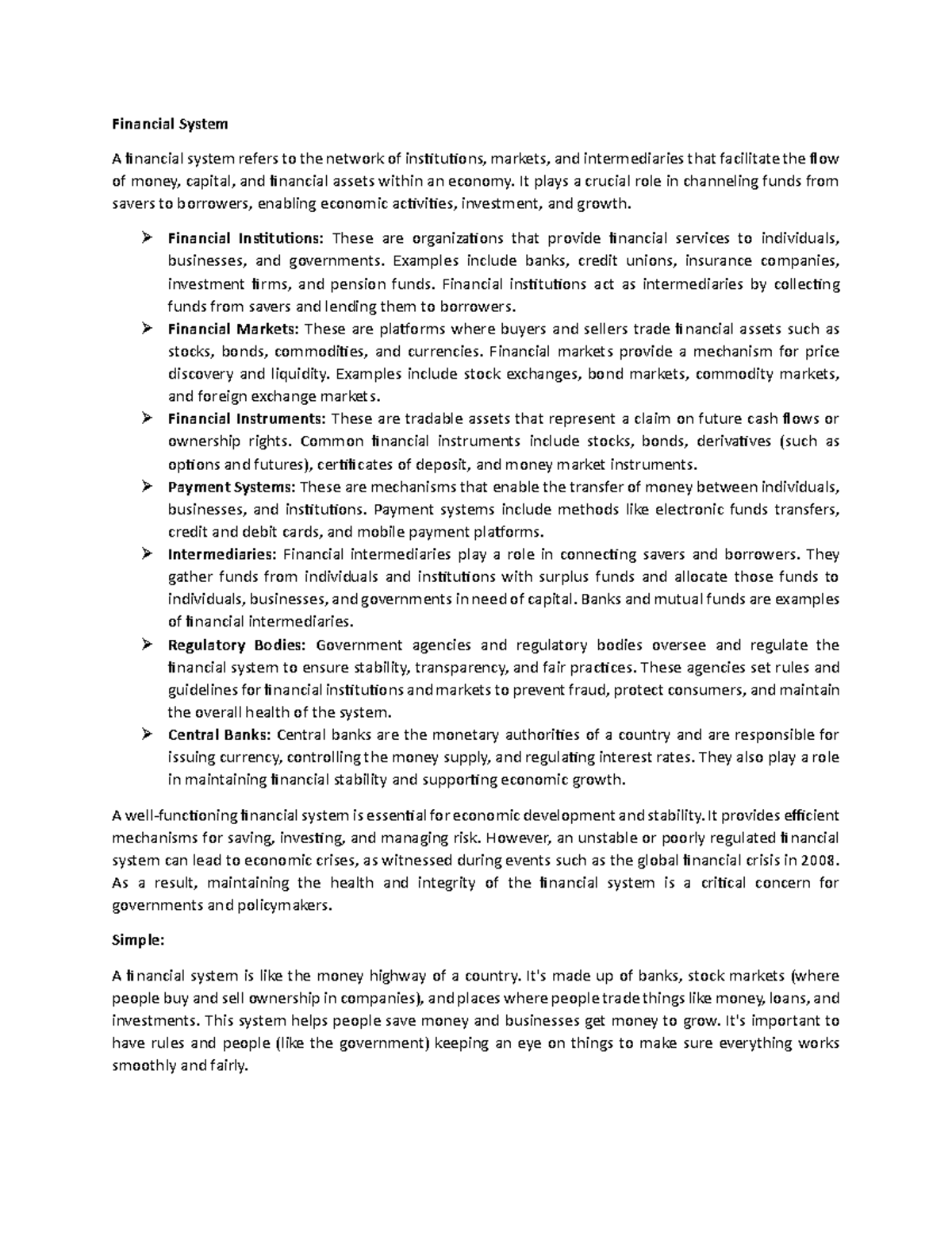 Explanation of Financial System - Financial System A financial system ...