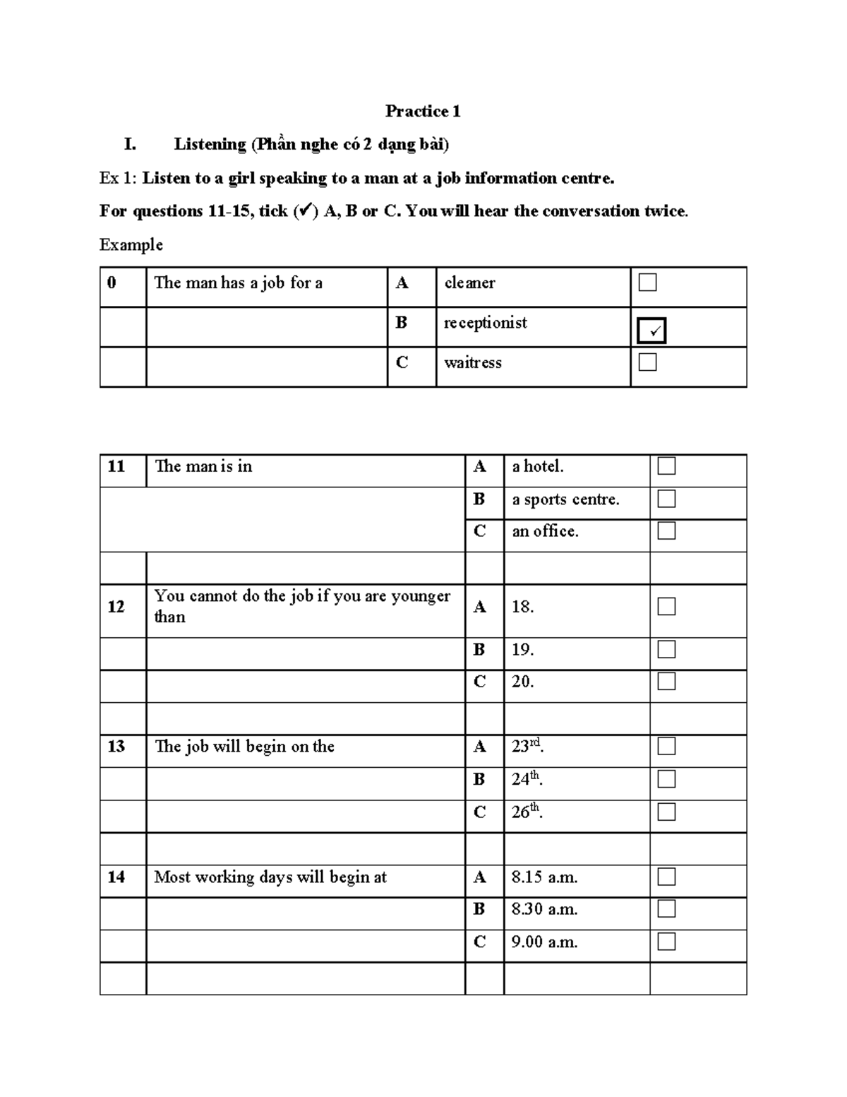 Practice 1 - English Test - Practice 1 I. Listening (Phần Nghe Có 2 ...