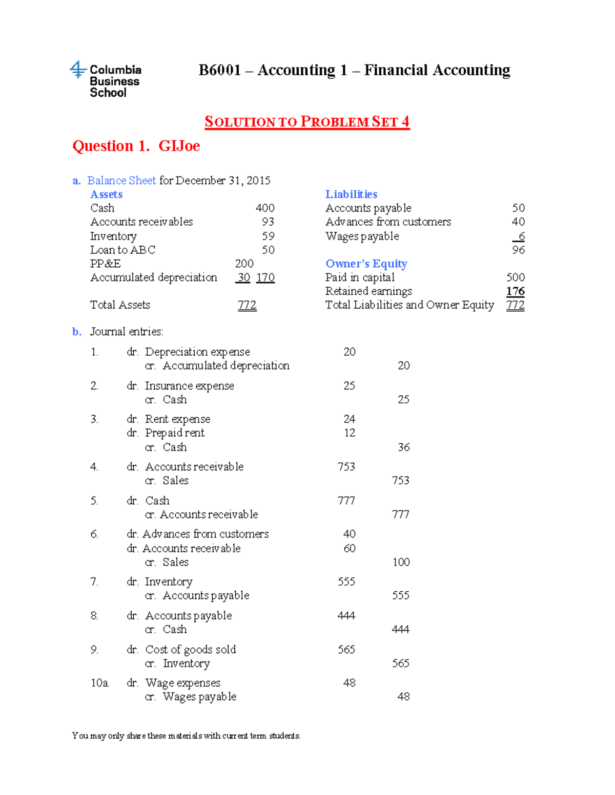Sol PS04 - Problem set - B60 01 – Accounting 1 – Financial Accounting ...