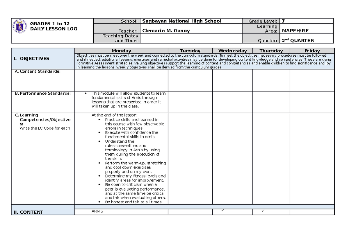 G7 DLL Mapeh PE Q2-1 - Daily lesson log - GRADES 1 to 12 DAILY LESSON ...