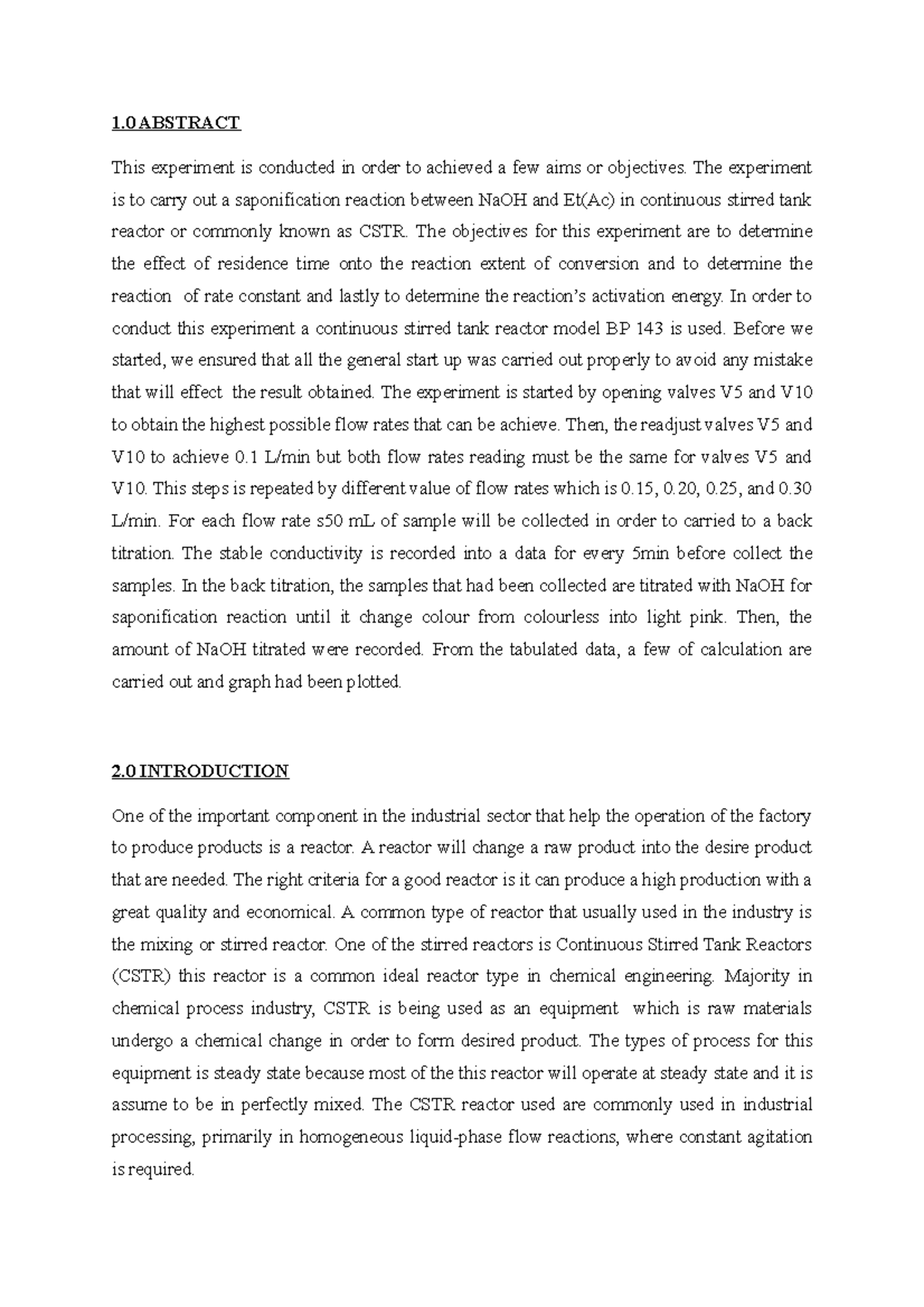 328800808 Cstr Lab Report 1 ABSTRACT This experiment is conducted in