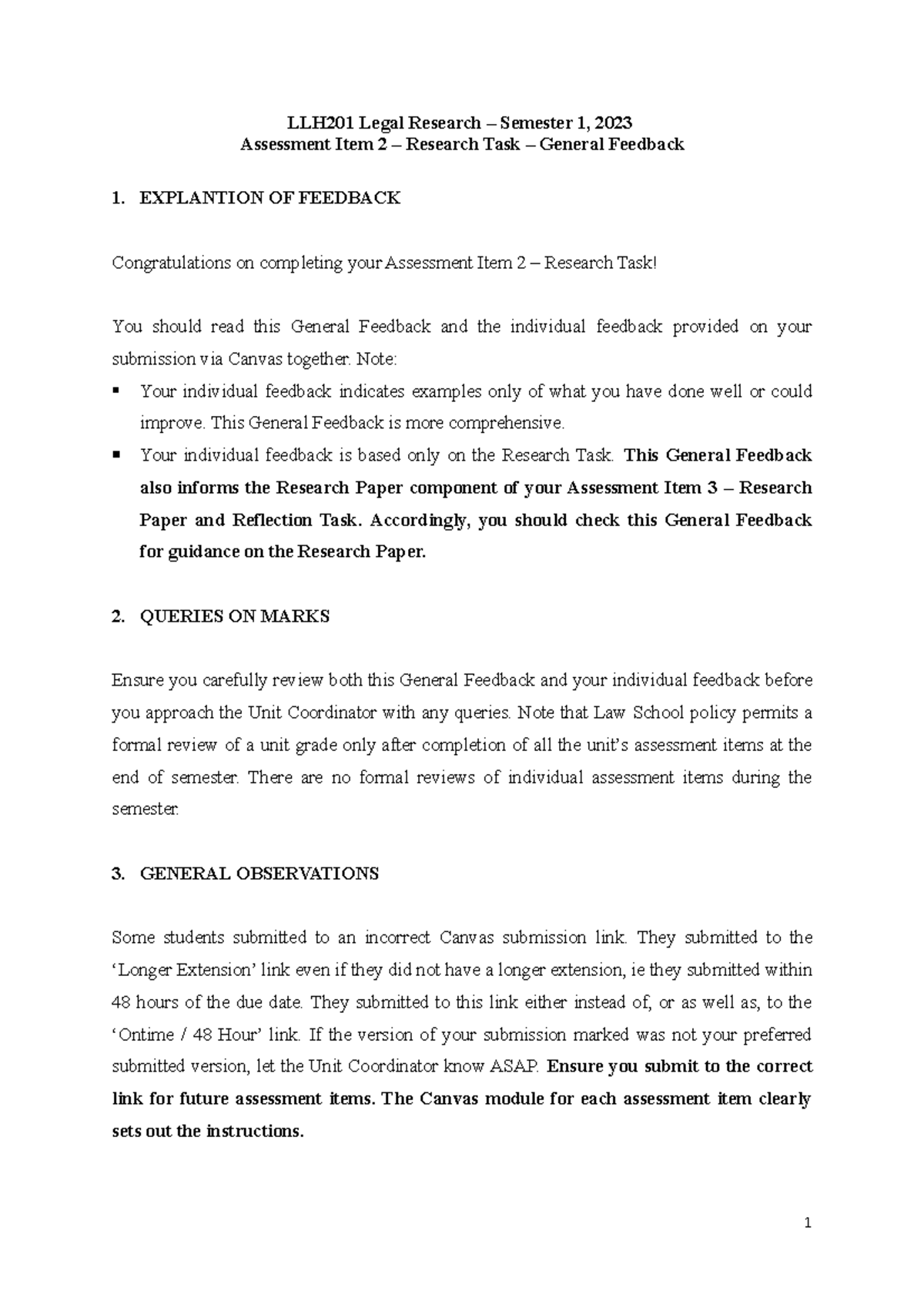 2023 - Sem 1 - Assessment Item 2 - Research Task - General Feedback ...