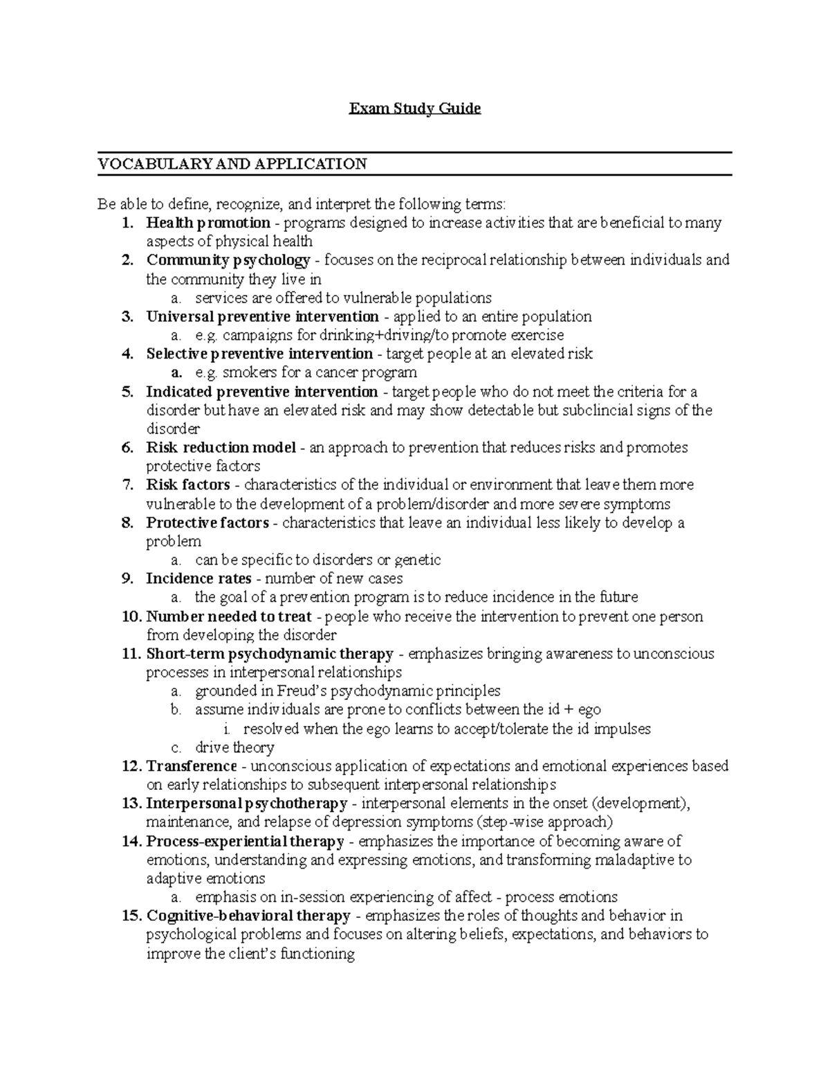 Exam 2 Study Guide - Exam Study Guide VOCABULARY AND APPLICATION Be ...