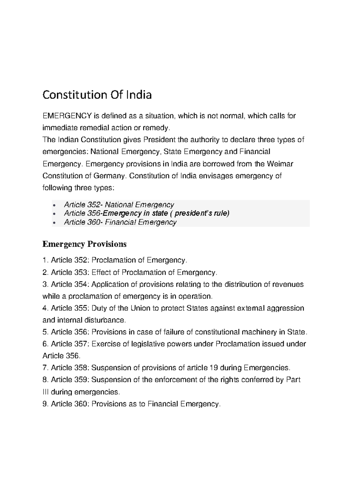 COI-1,2 - 1,2 Chapter - Constitution Of India EMERGENCY is defined as a ...