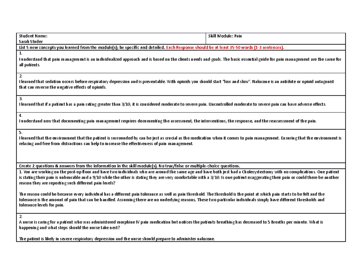 ATI Pain Skills Sheet and Posttest Student Name Sarah Studer Skill