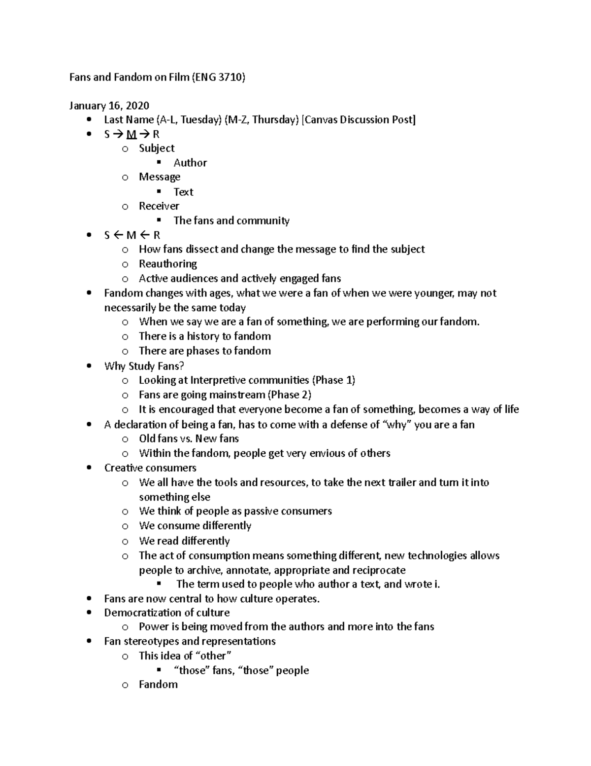 Fans and Fandom on Film (ENG 3710) - o There is a history to fandom o ...