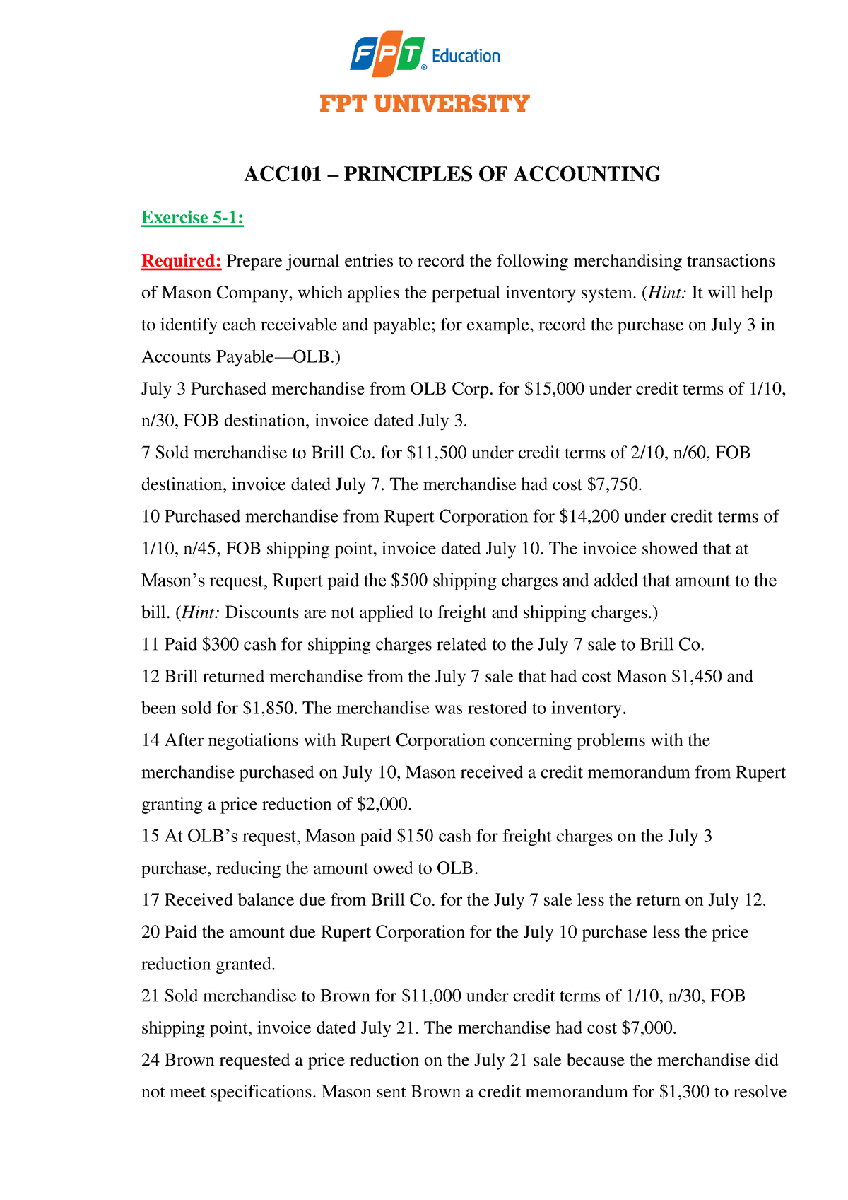 ACC101-Exercise-Chap5 - ACC101 – PRINCIPLES OF ACCOUNTING Exercise 5-1 ...