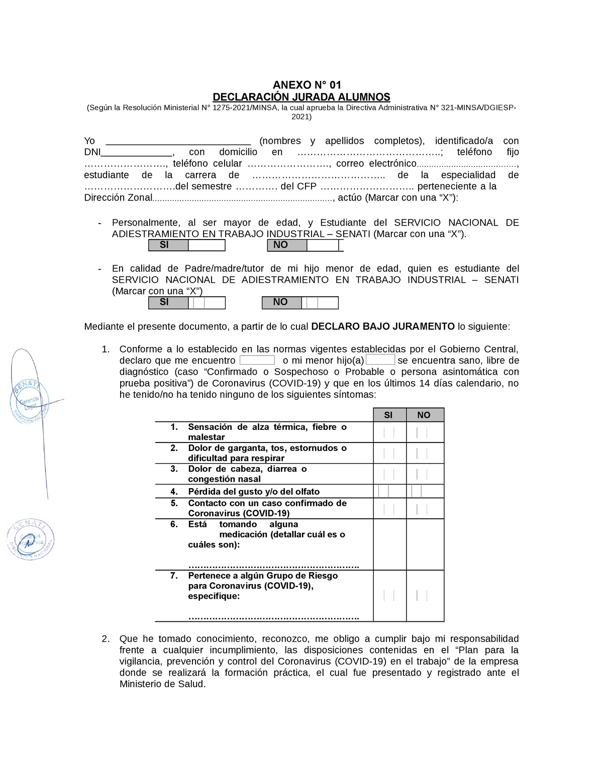 Anexo 01 Declaracion Jurada PARA Alumnos - ANEXO N° 01 DECLARACIÓN ...