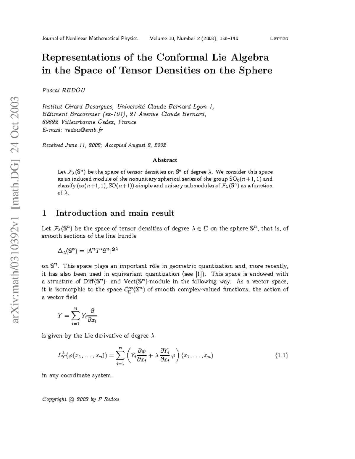 0310392 - Cours - arXiv:math/0310392v1 [math] 24 Oct 2003 Journal of ...