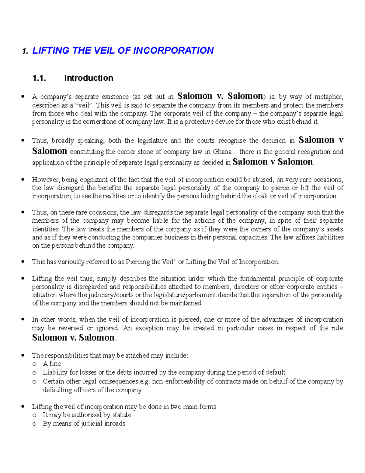Comp Law Lifting the Veil of Incorporation 1. LIFTING THE VEIL OF
