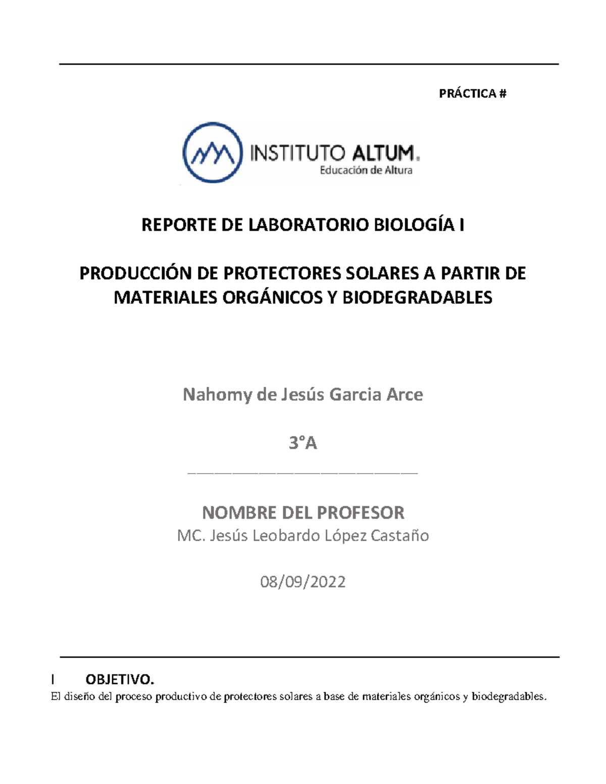 Formato Reporte Laboratorio Biologia I Pr¡ctica Reporte De