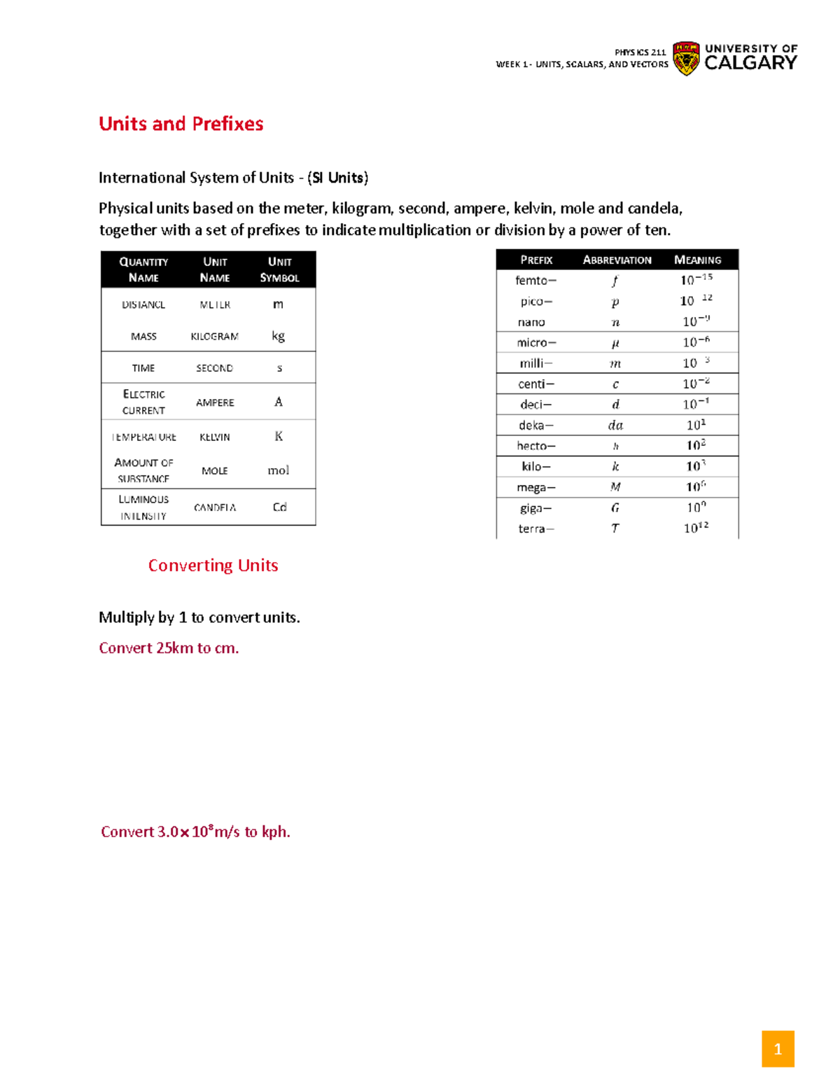Week 1 Student Notes - WEEK 1 - UNITS, SCALARS, AND VECTORS Units and ...