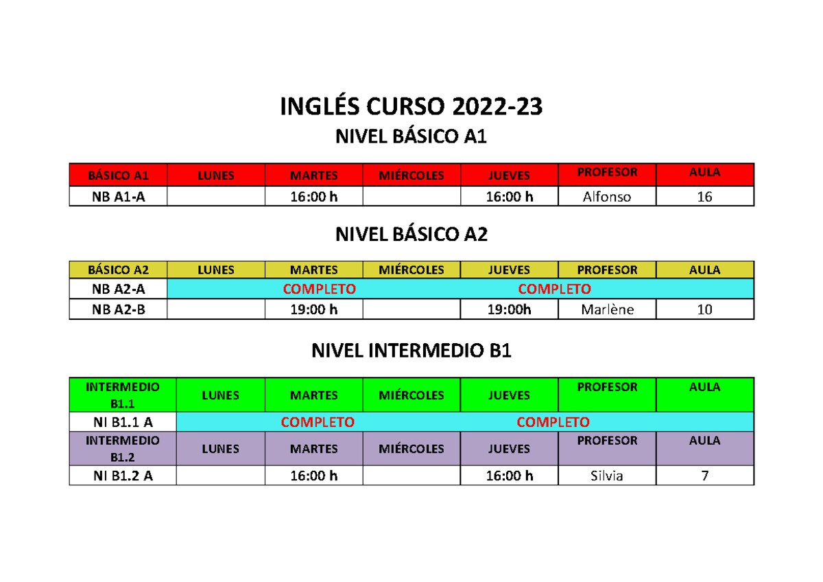 Ingl S Curso Ingl Curso Nivel Bsico A Bsico A Lunes Martes Mi Jueves