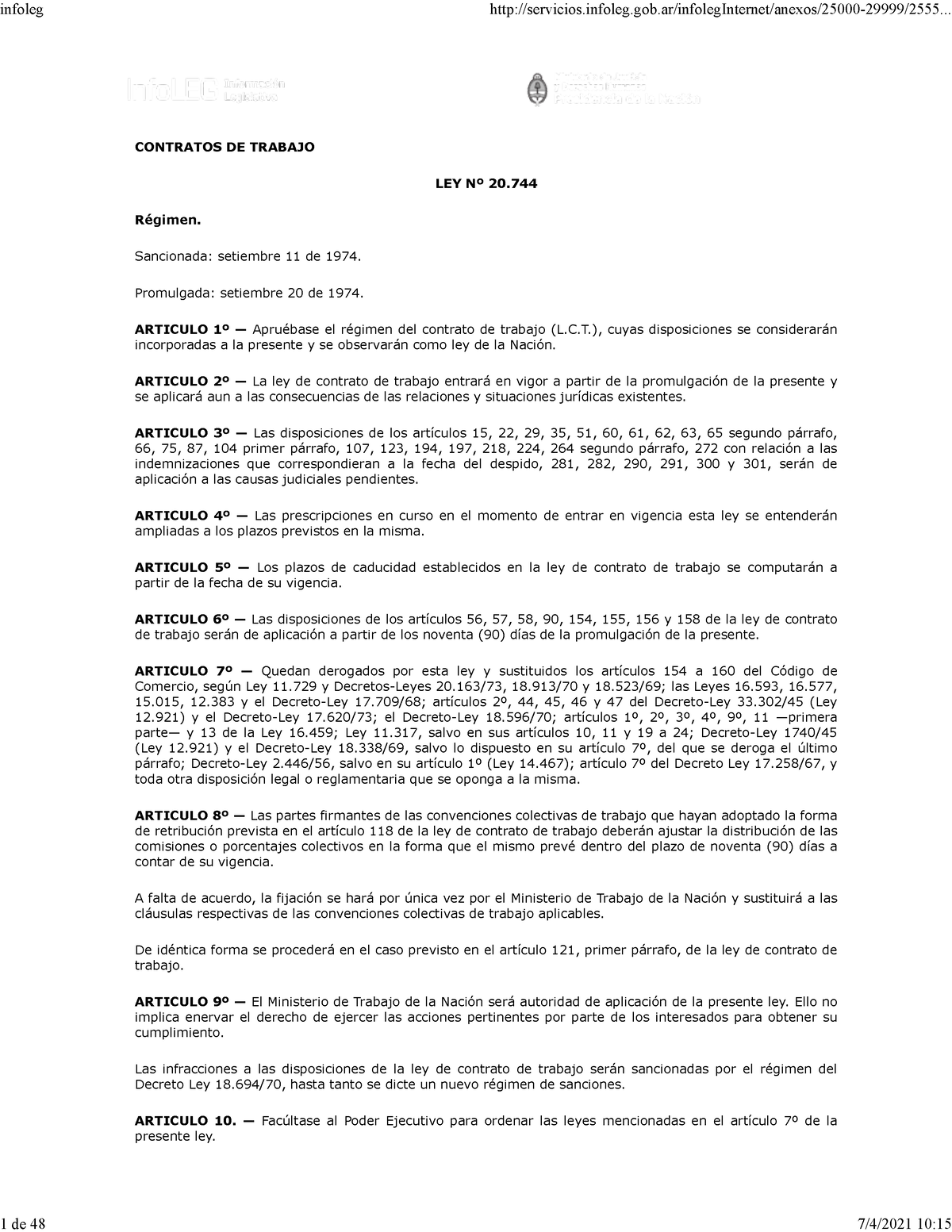 Ley 20744 74 Ley De Contrato De Trabajo Contratos De Trabajo Ley Nº 20 Régimen Sancionada