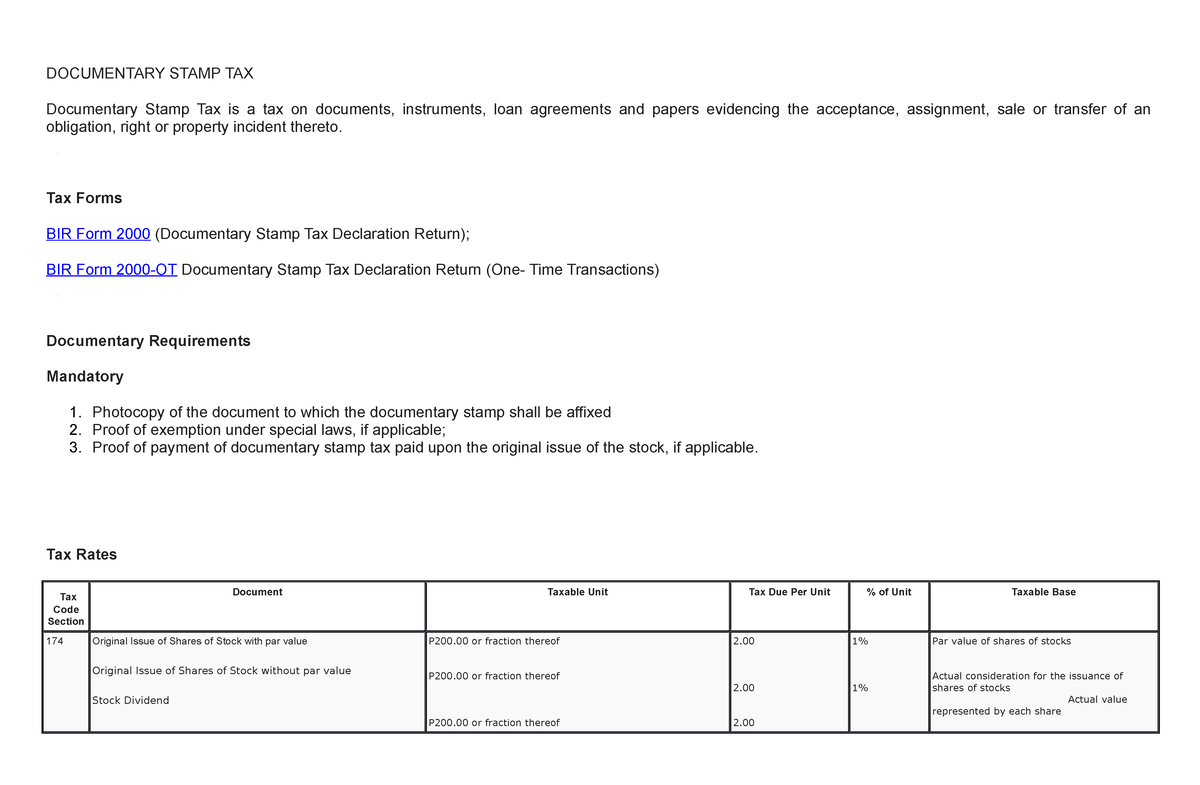 DST Taxation Documentary Stamp DOCUMENTARY STAMP TAX Documentary 
