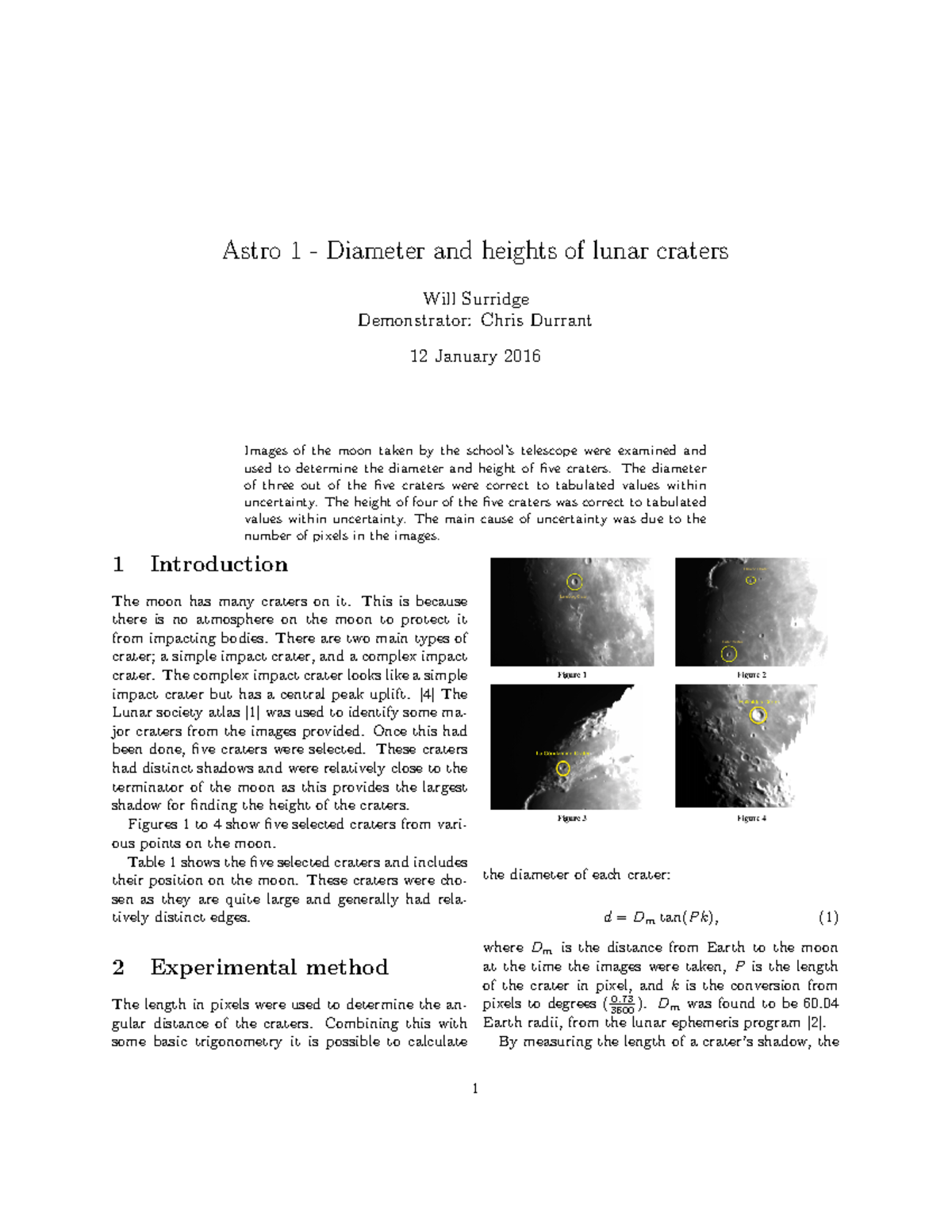 Astro 1 Lab report - Astro 1 - Diameter and heights of lunar craters ...