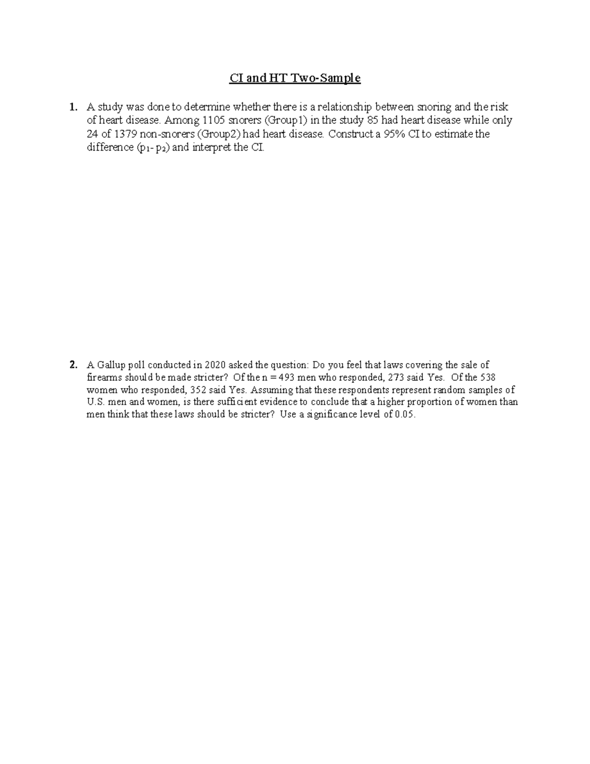 9 CI and HT Two-Sample - Kathleen's Worksheet (NO ANSWERS) - CI and HT ...