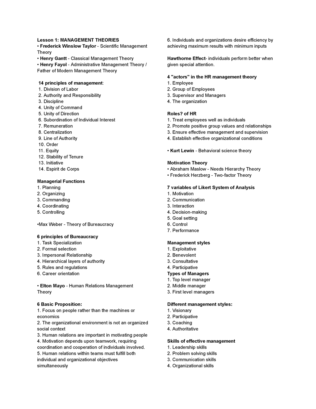 Planning , Management, Organizing - Lesson 1: MANAGEMENT THEORIES ...