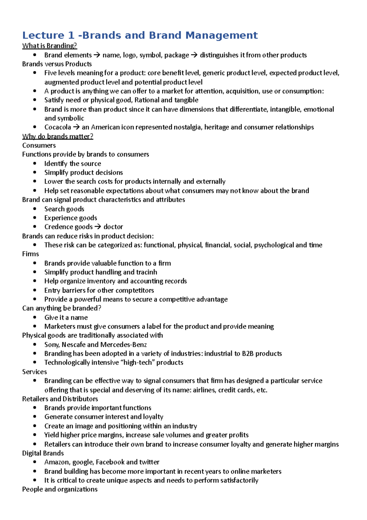 Quiz notes - Lecture 1 -Brands and Brand Management What is Branding ...
