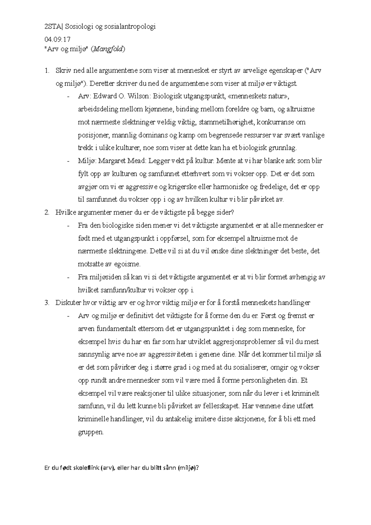 Arv Og Miljø - 2STA| Sosiologi Og Sosialantropologi 04. "Arv Og Miljø ...