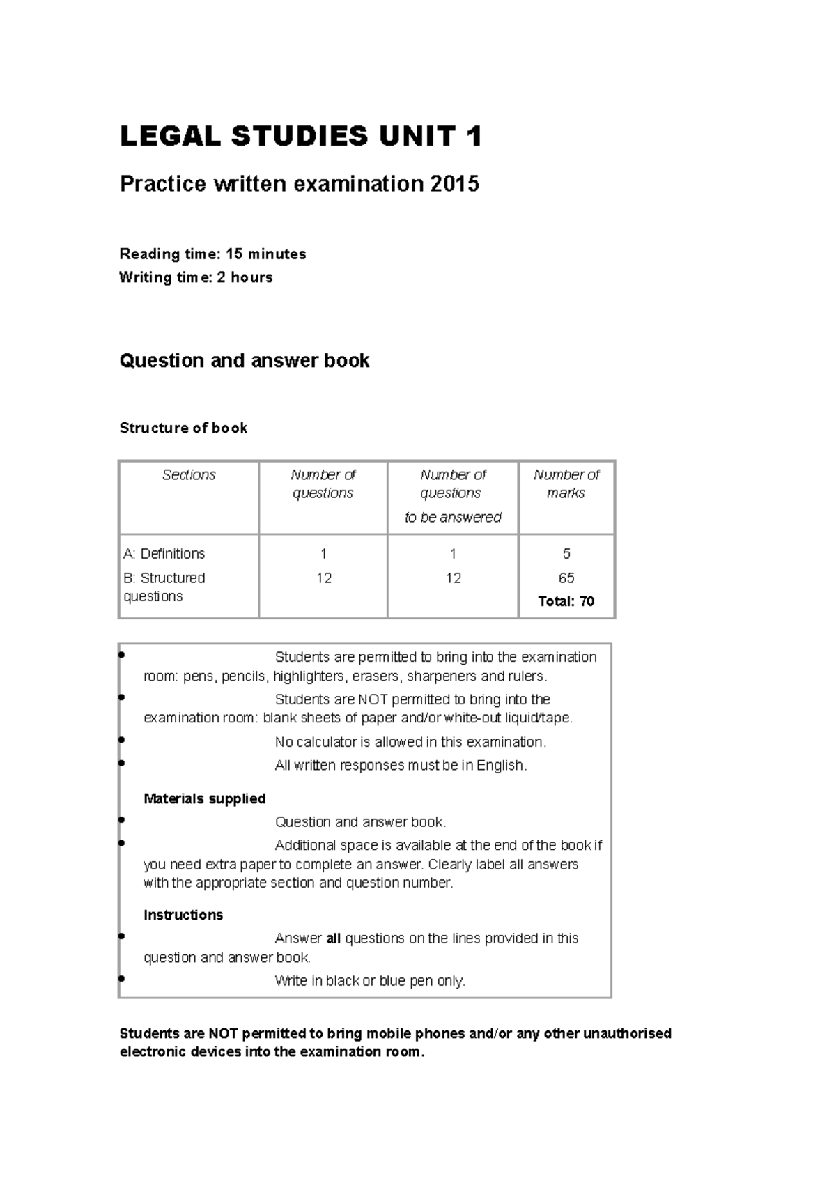 Legal Studies UNIT 1 - LEGAL STUDIES UNIT 1 Practice Written ...