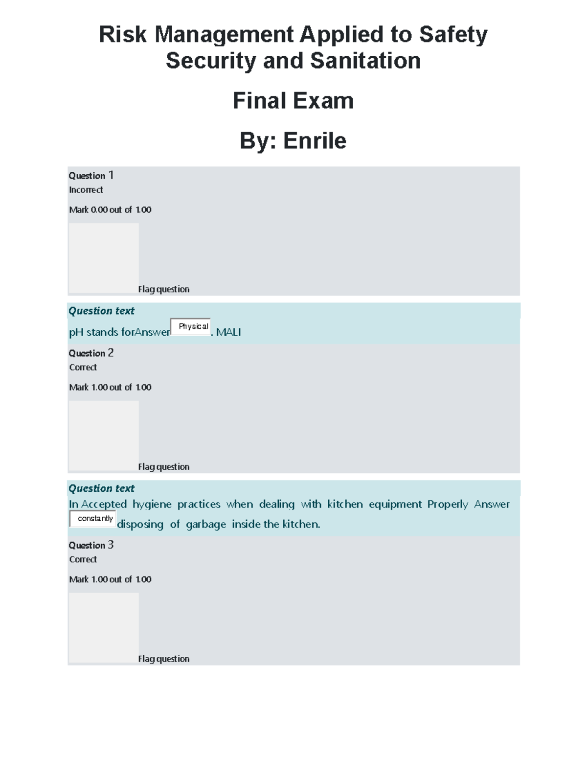 Risk Management Applied to Safety Security and Sanitation final Exam