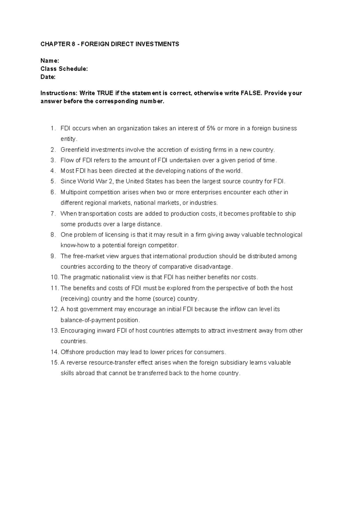 Chapter 8 - Foreign Direct Investments Questions - CHAPTER 8 - FOREIGN ...