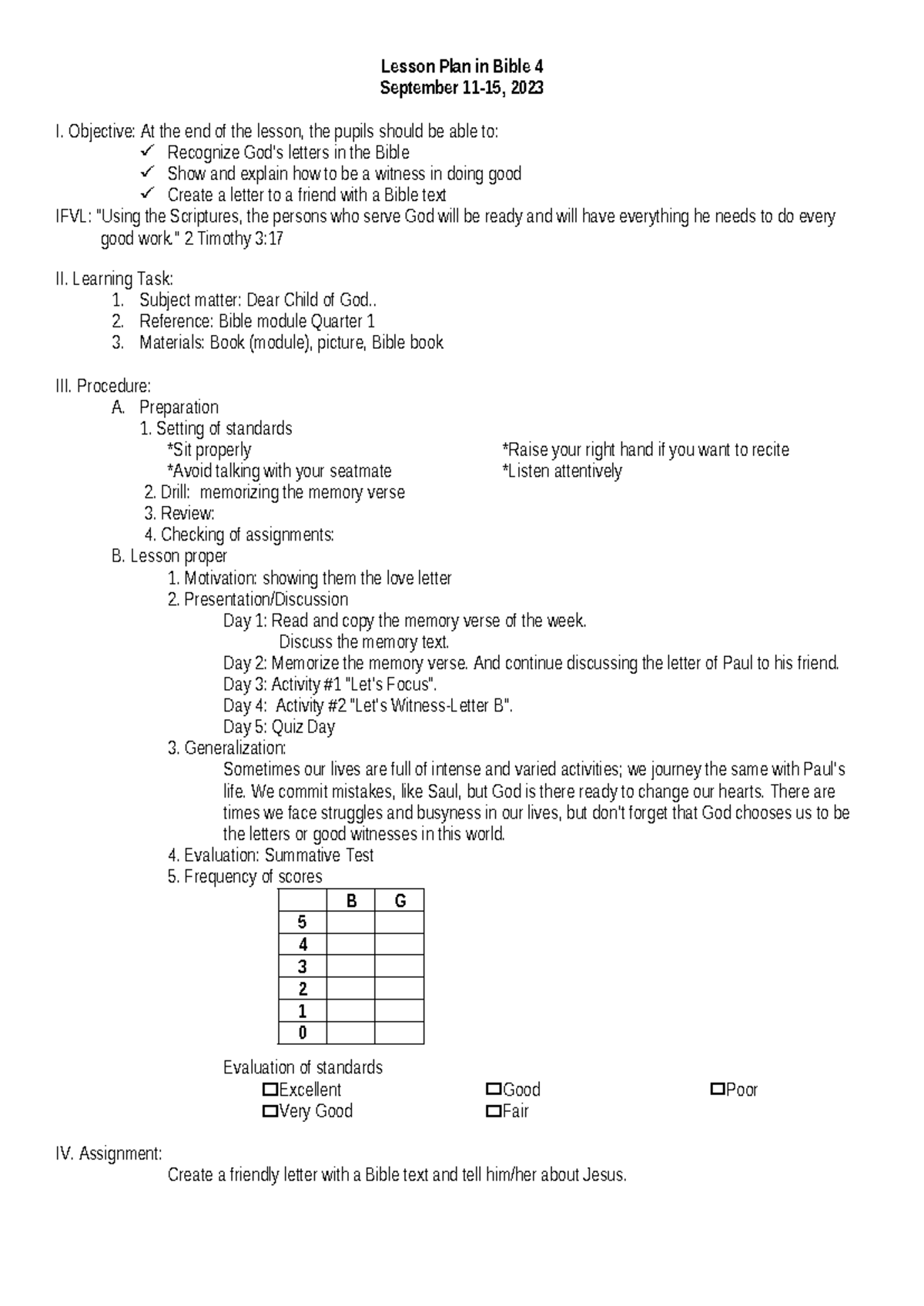 Week 5 Sep 11-15 - Feel free to edit. - Lesson Plan in Bible 4 ...