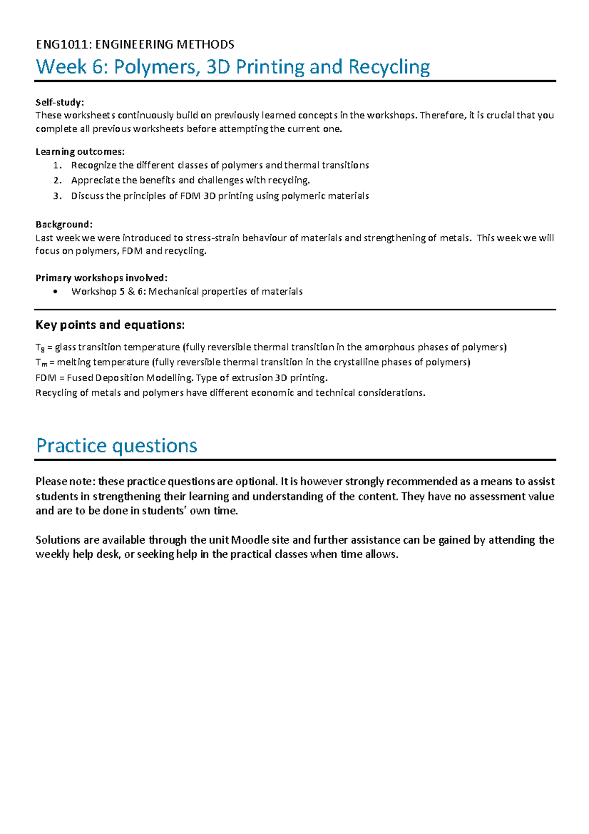 W6 Practice questions solutions - ENG1011: ENGINEERING METHODS Week 6 ...
