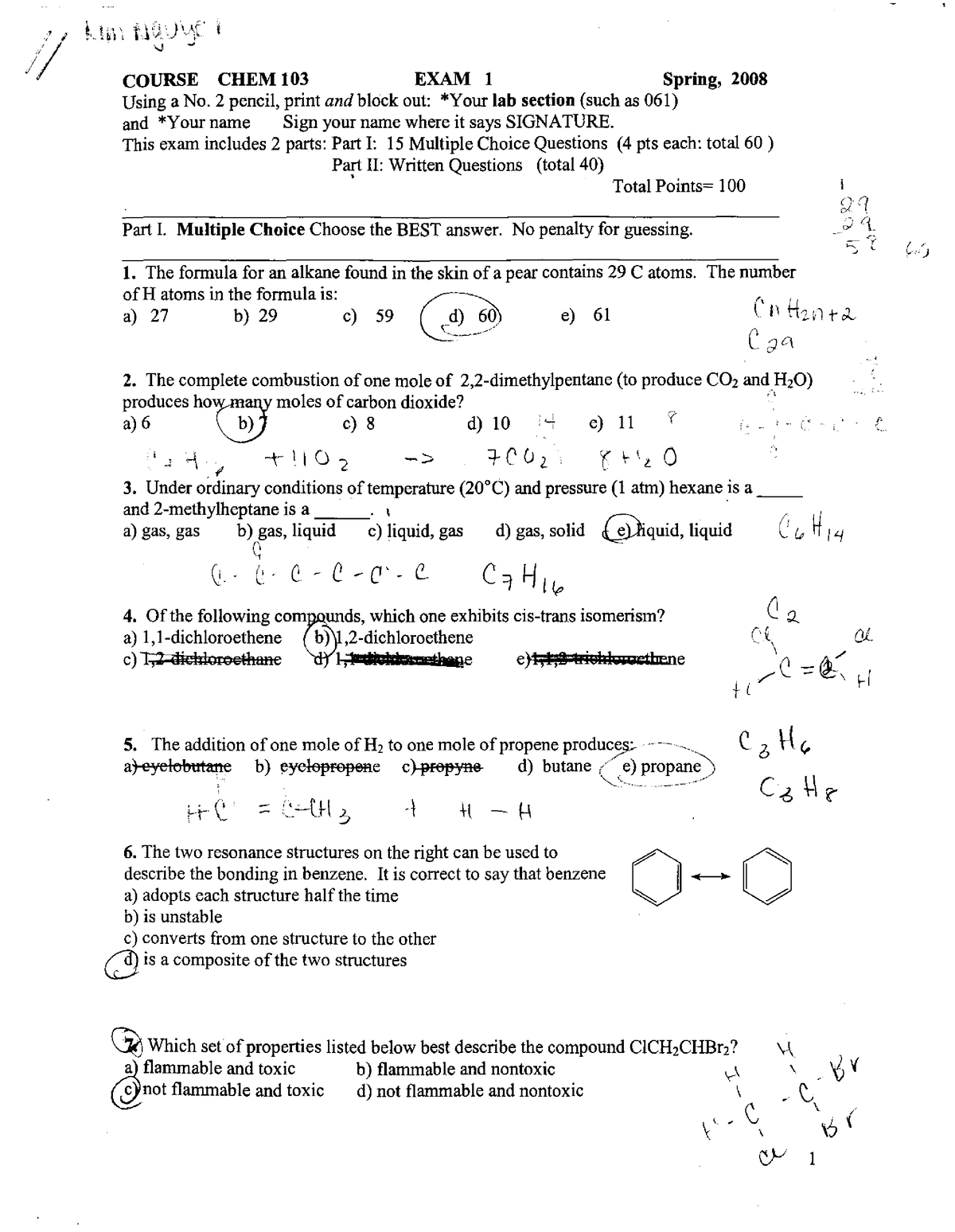 Chemistry 103 Exam 1 - COURSE CHEM 103 EXAM 1 Spring, 2008 Using a No ...