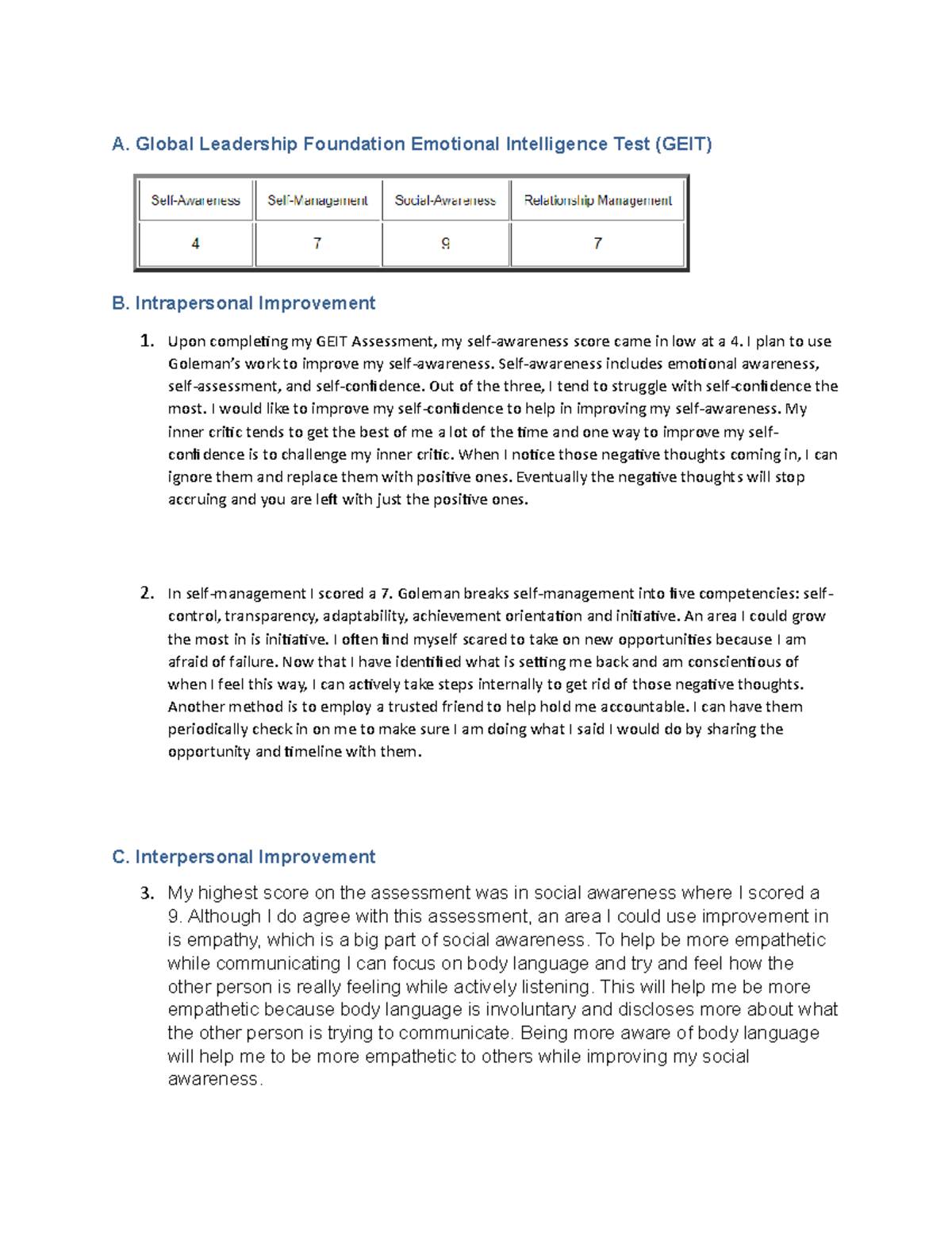 D082 Task 1 - Passing Essay - A. Global Leadership Foundation Emotional ...