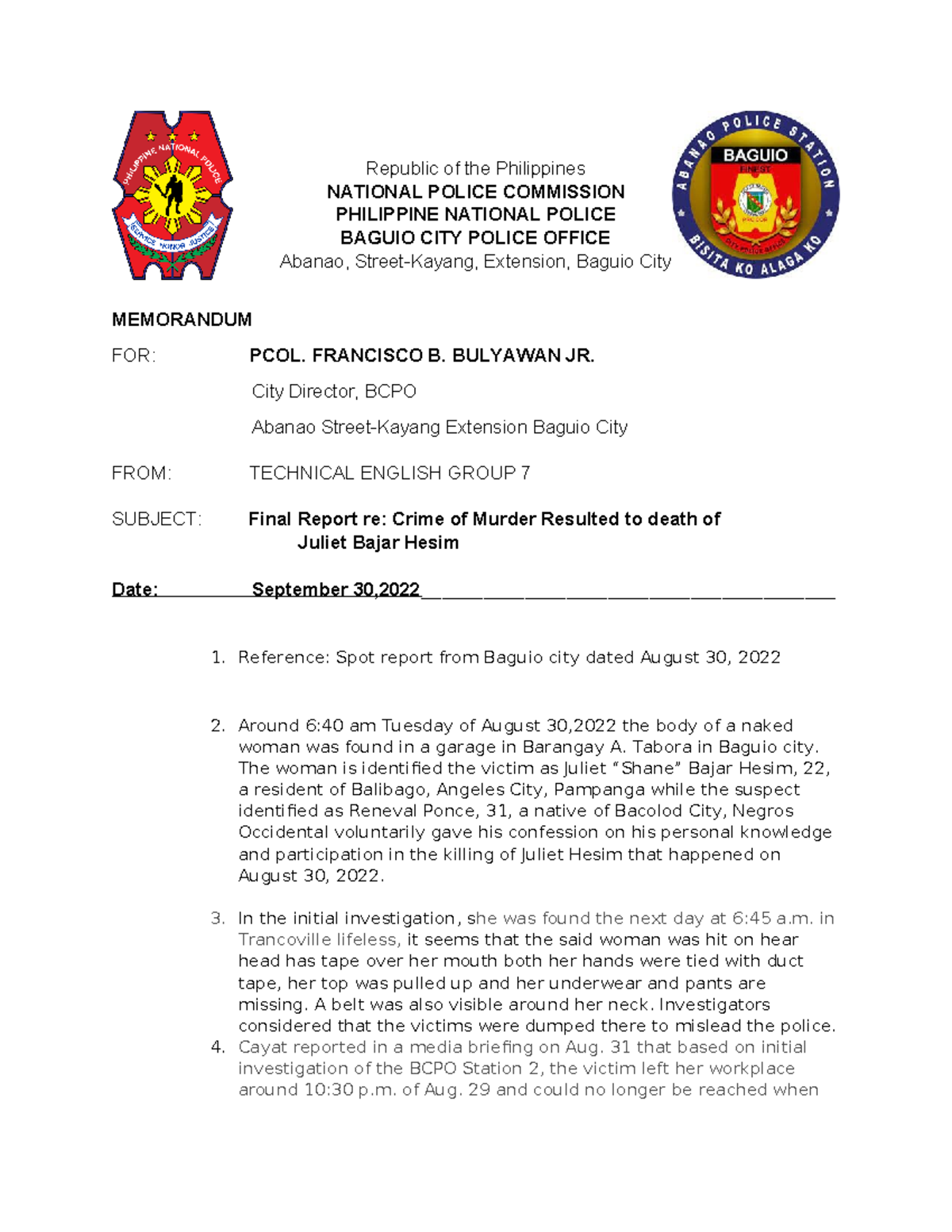 Spot report final Republic Of The Philippines NATIONAL POLICE 