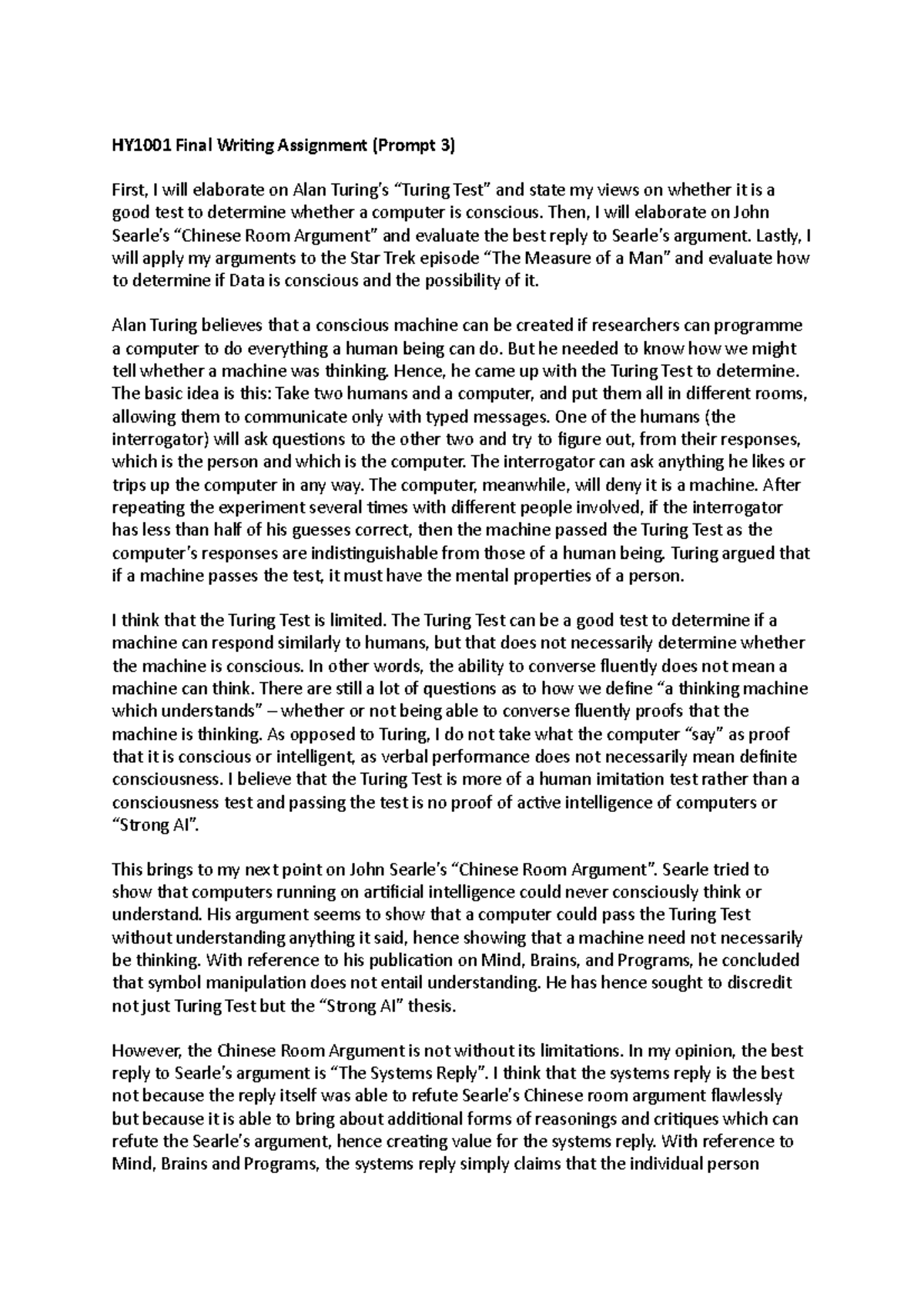 HY1001 Final Writing Assignment - Then, I will elaborate on John Searle ...