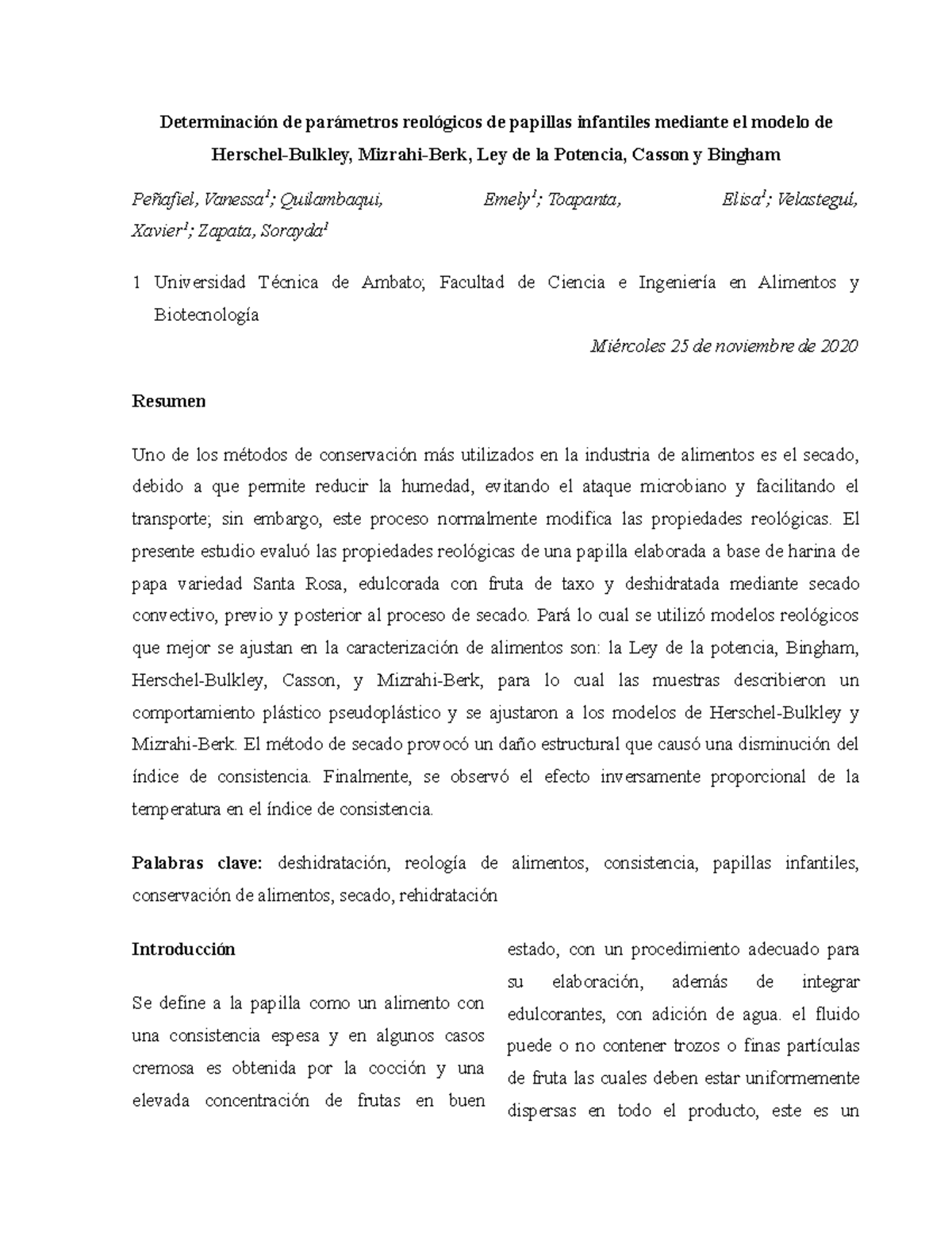 Determinación de parámetros reológicos de papillas infantiles mediante el  modelo de Herschel - Studocu