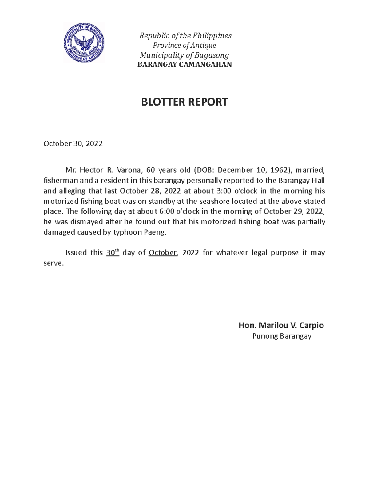 Blotter Report Hector R. Varona final - Republic of the Philippines ...