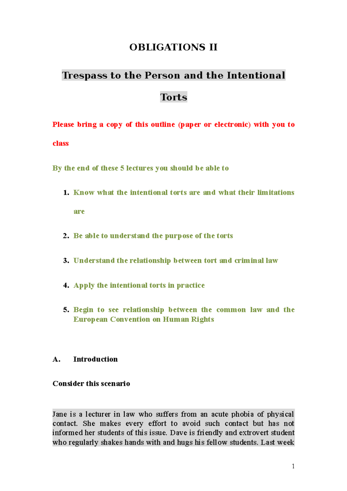 Intentional Torts - OBLIGATIONS II Trespass to the Person and the ...