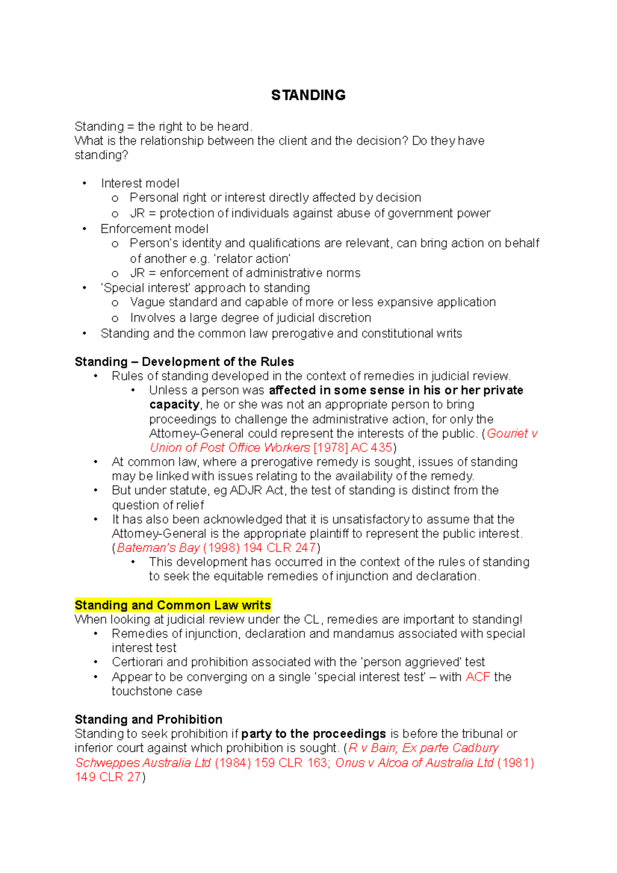 Standing notes exam prep - STANDING Standing = the right to be heard ...