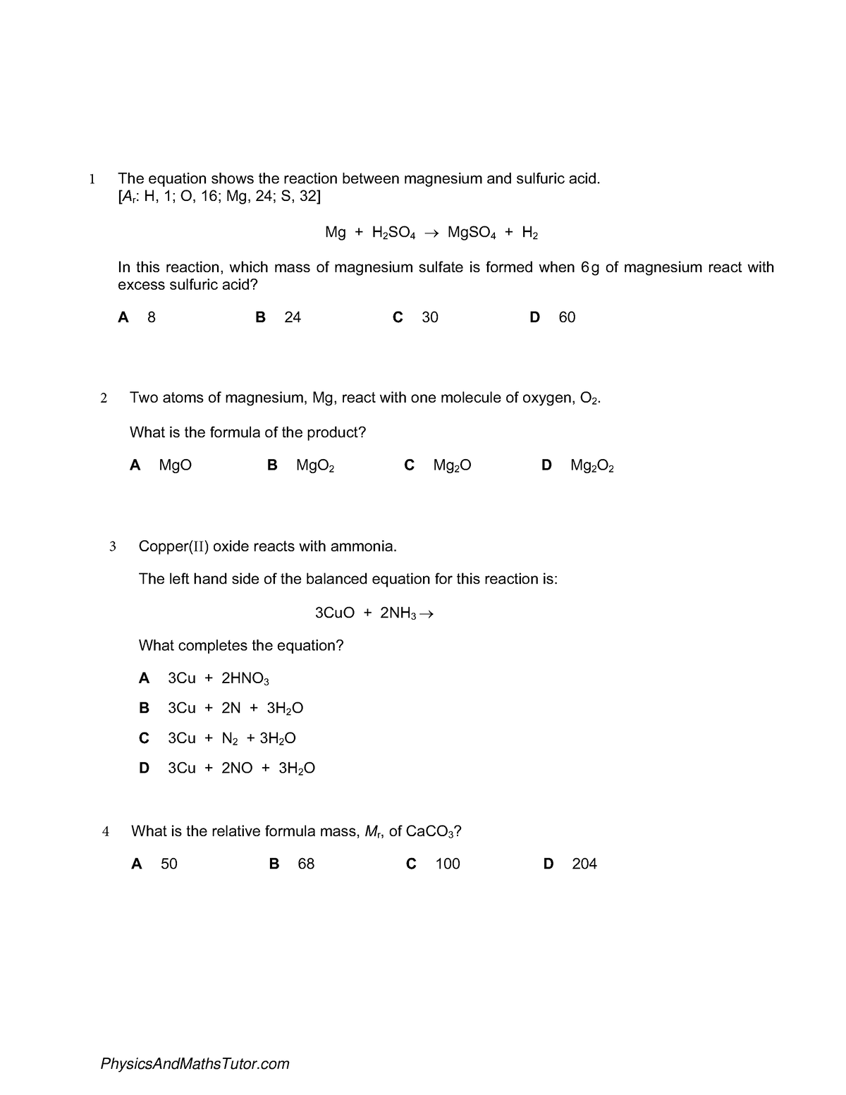 Stoichiometry (multiple Choice) Qp - 1 The Equation Shows The Reaction 